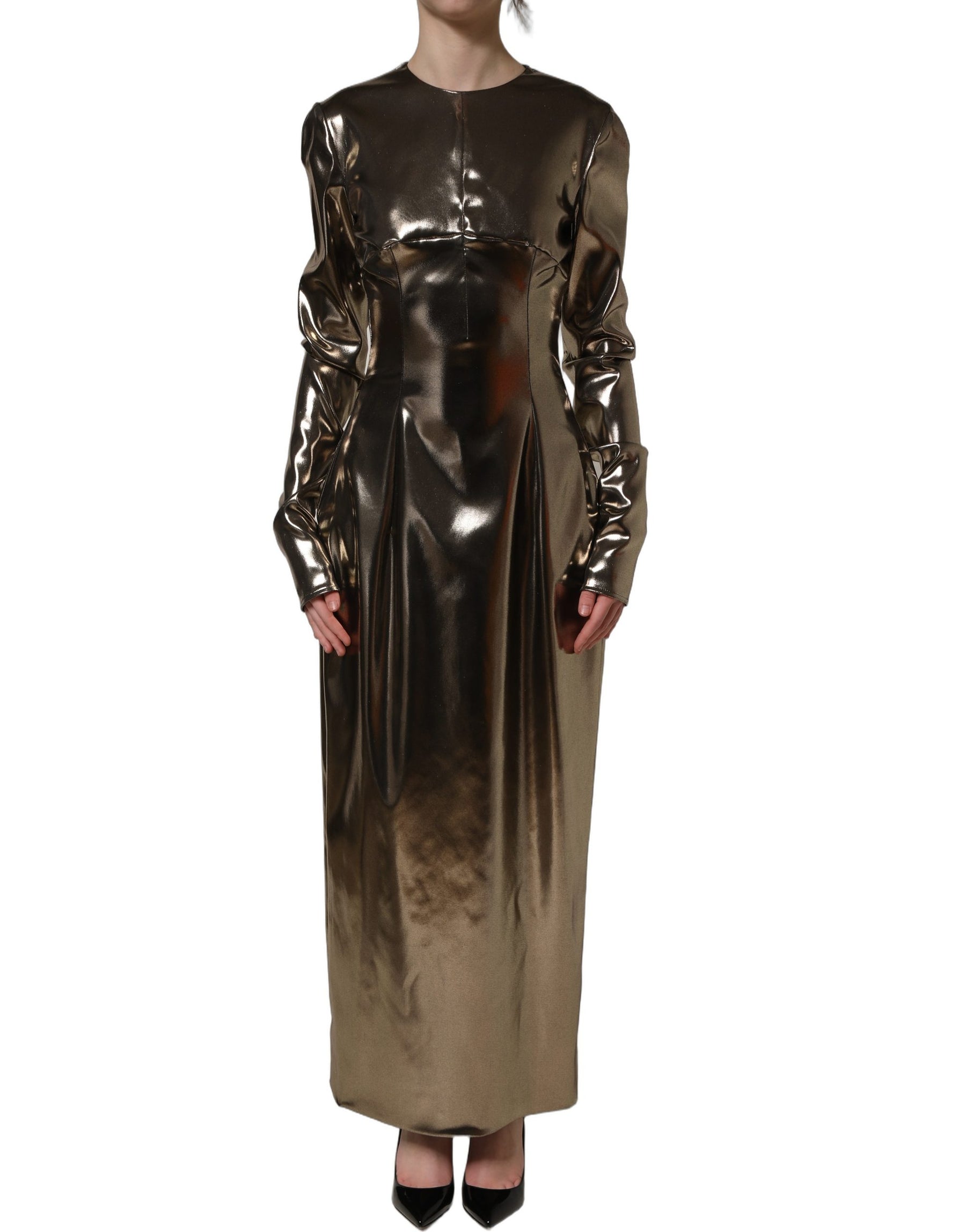 Dolce & Gabbana Metallic Gold Polyester LongSleeve Maxi Dress | Regal Royce