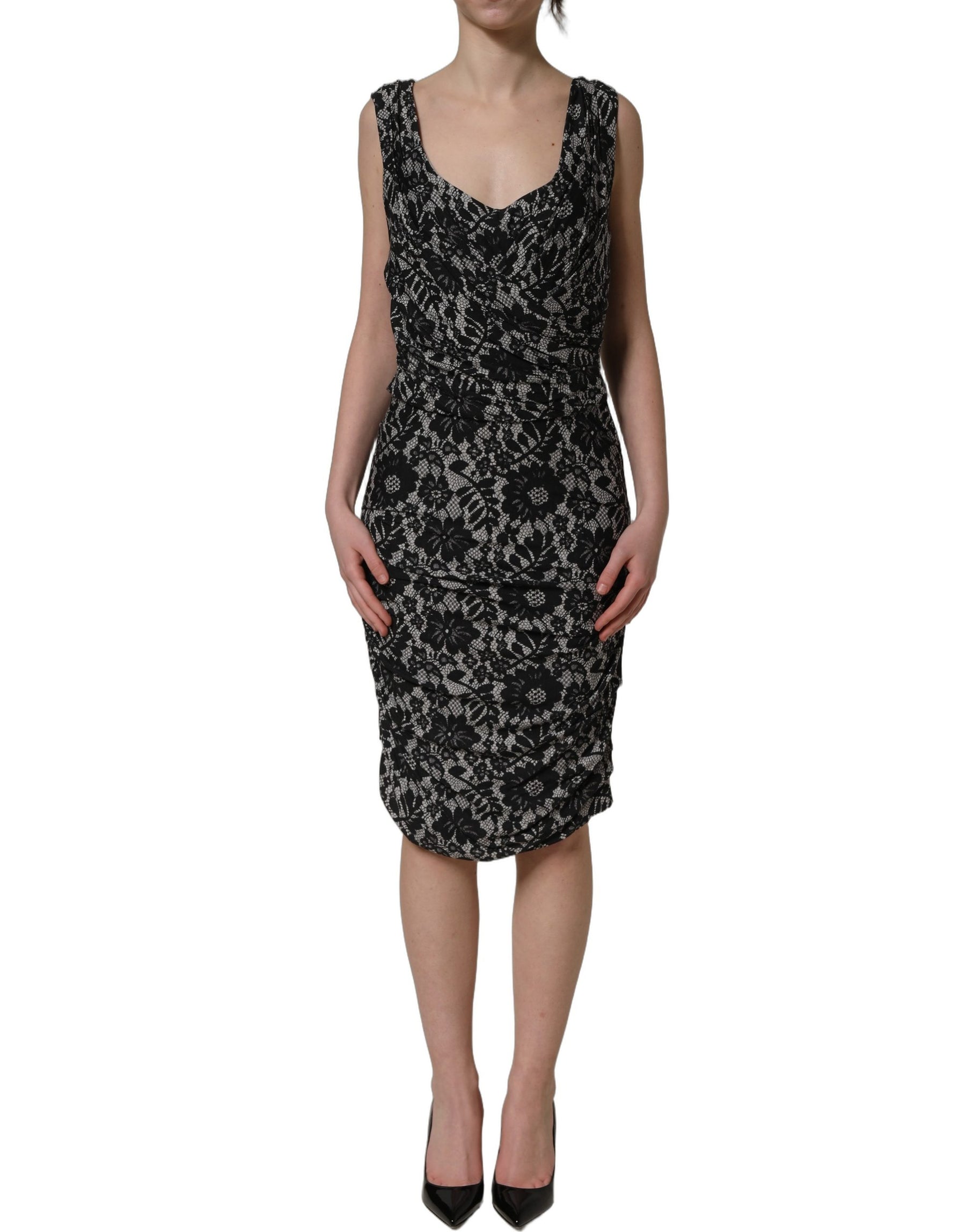 Dolce & Gabbana Black White Floral Lace Sleeveless Midi Dress | Regal Royce