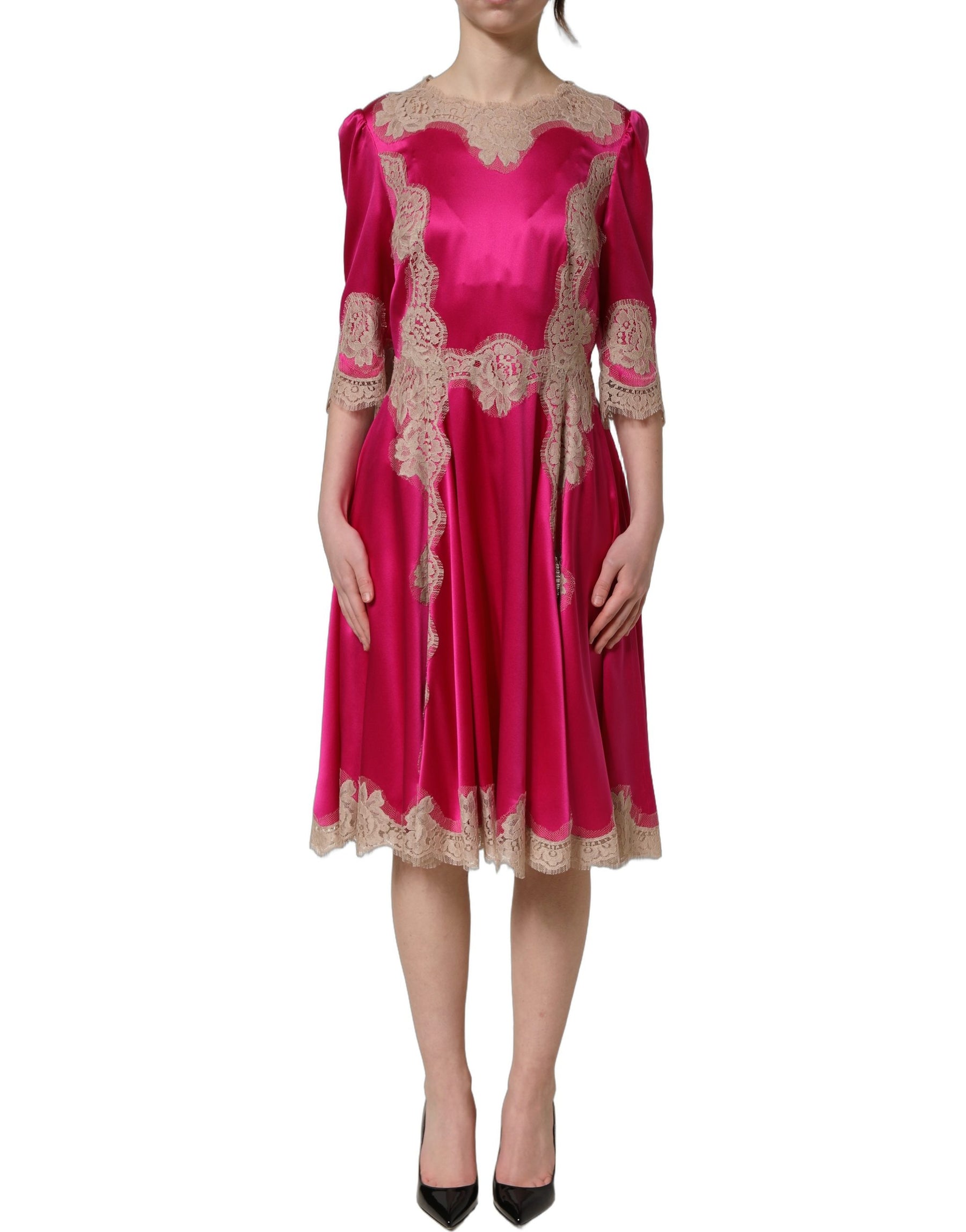 Dolce & Gabbana Fuchsia Pink Lace Detail A-line Midi Dress | Regal Royce