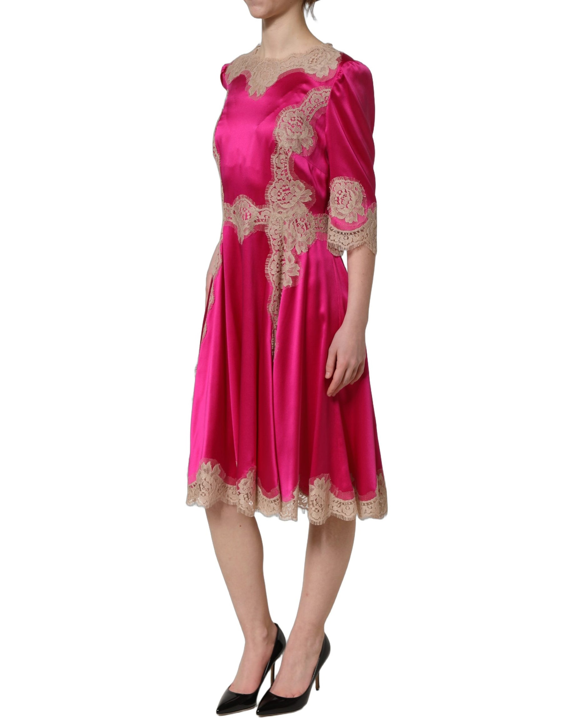 Dolce & Gabbana Fuchsia Pink Lace Detail A-line Midi Dress | Regal Royce