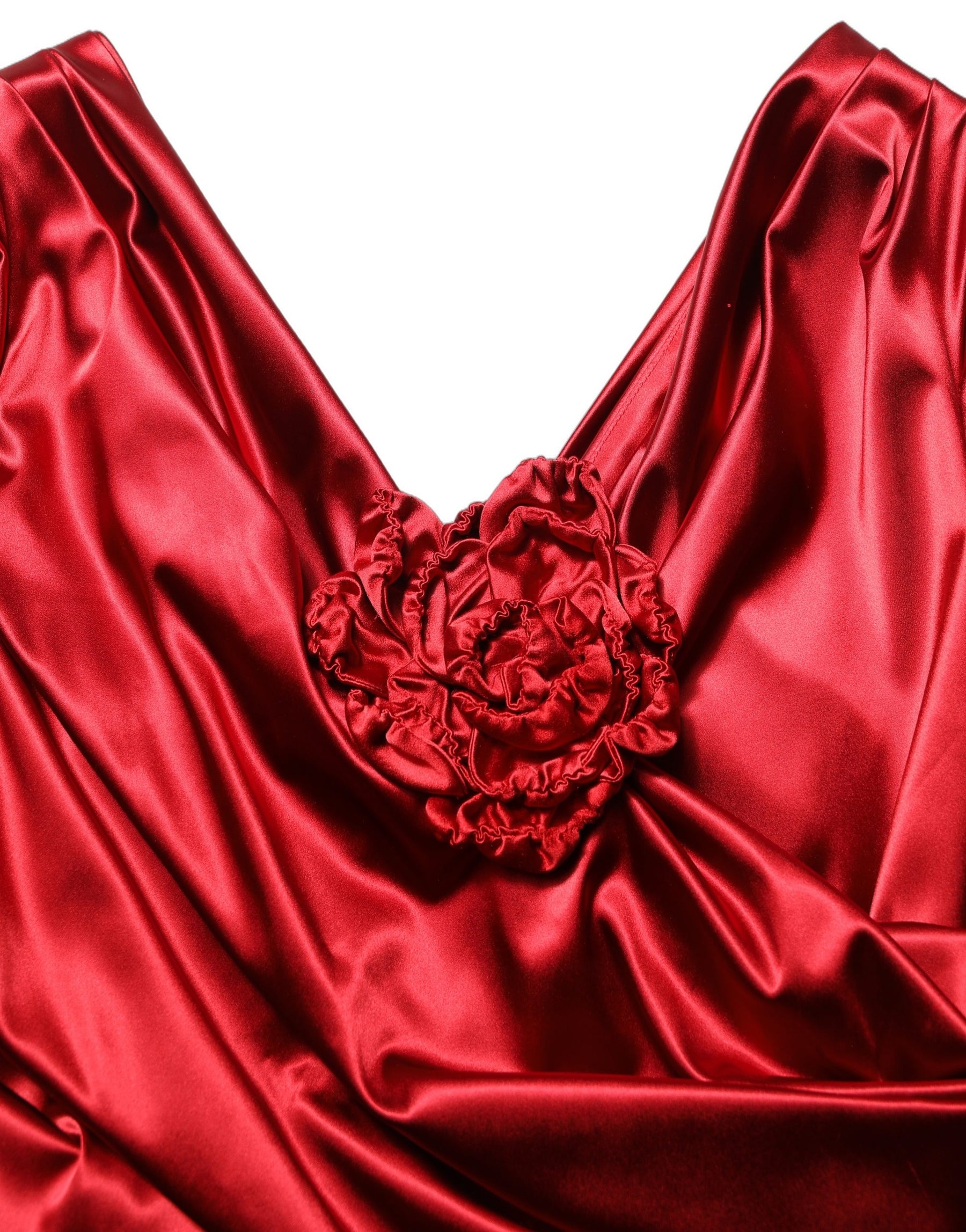 Dolce & Gabbana Red Silk Satin Draped Midi Floral Applique Dress | Regal Royce