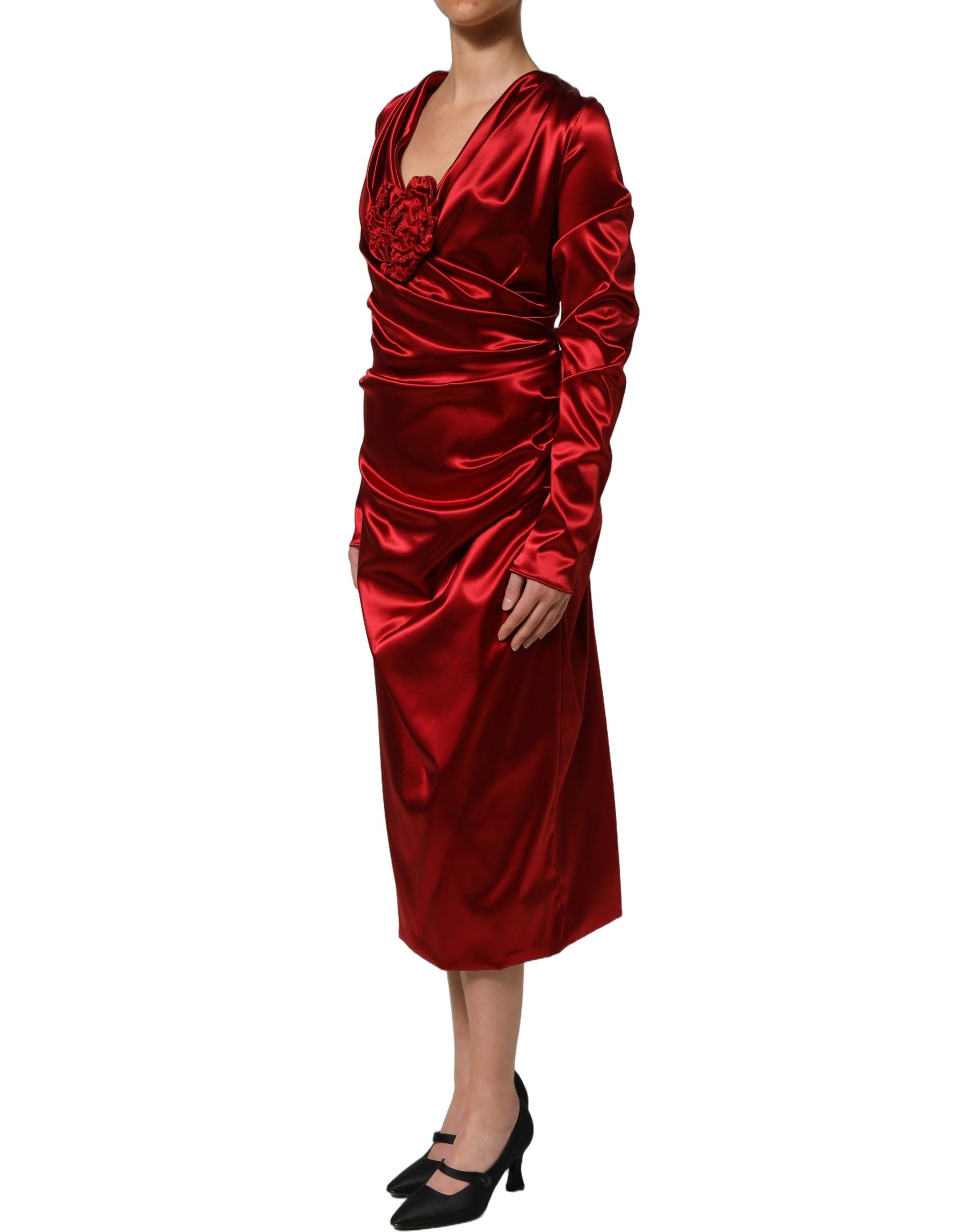 Dolce & Gabbana Red Silk Satin Draped Midi Floral Applique Dress | Regal Royce