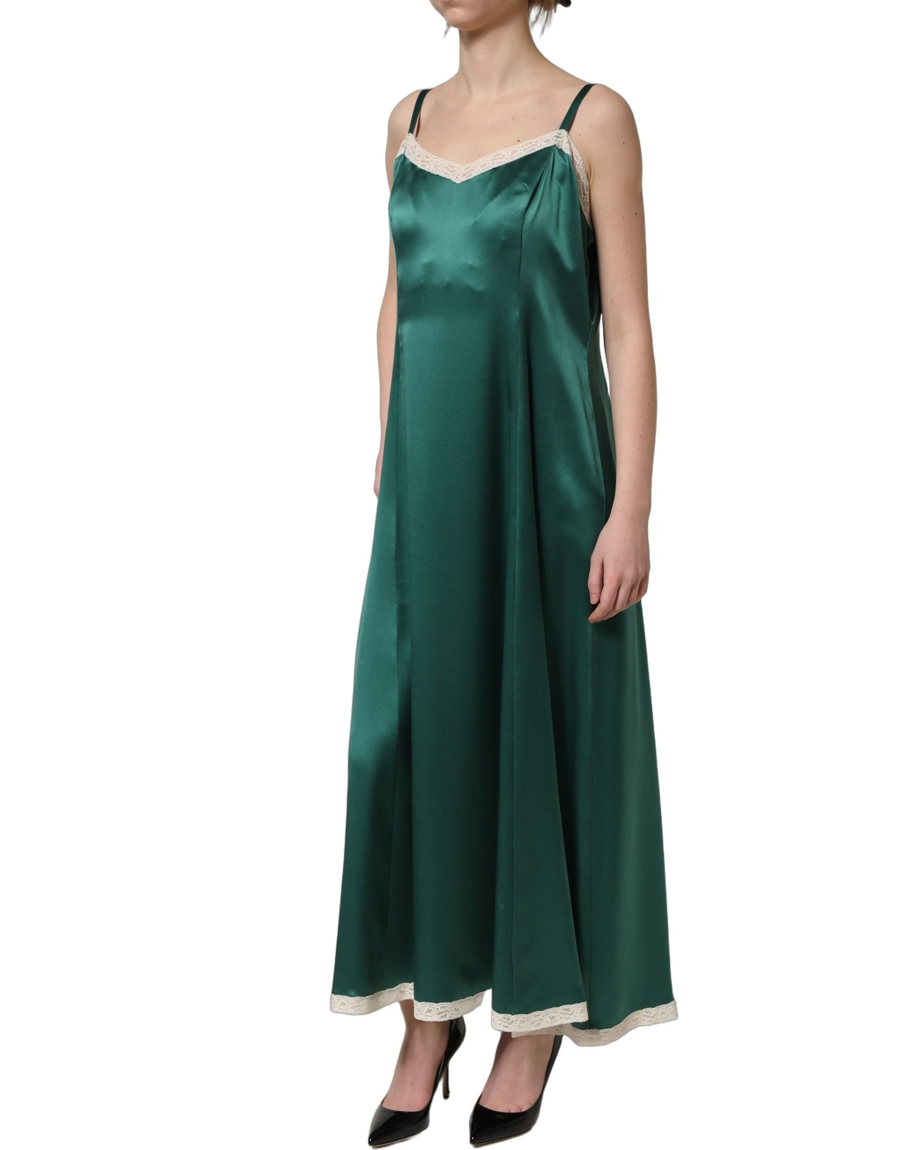 Dolce & Gabbana Green Satin Lace Trim Sleeveless Maxi Dress | Regal Royce