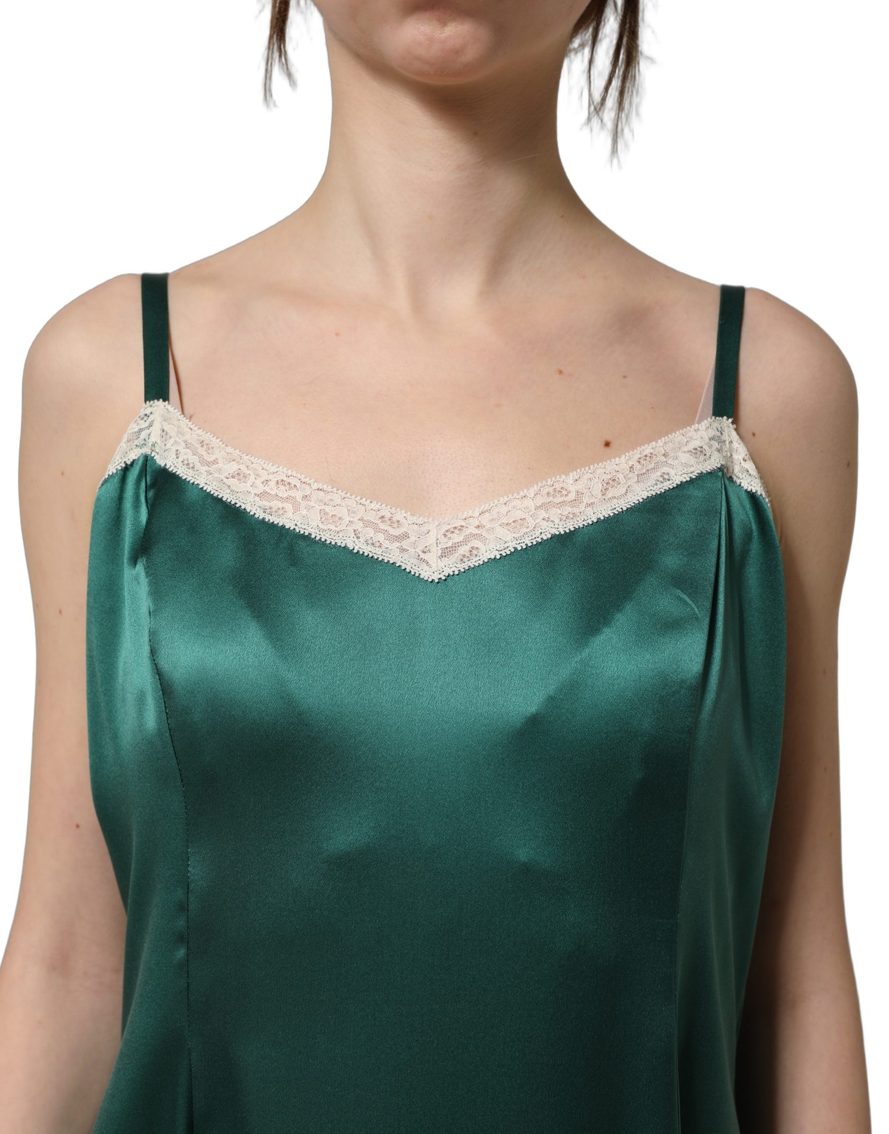 Dolce & Gabbana Green Satin Lace Trim Sleeveless Maxi Dress | Regal Royce