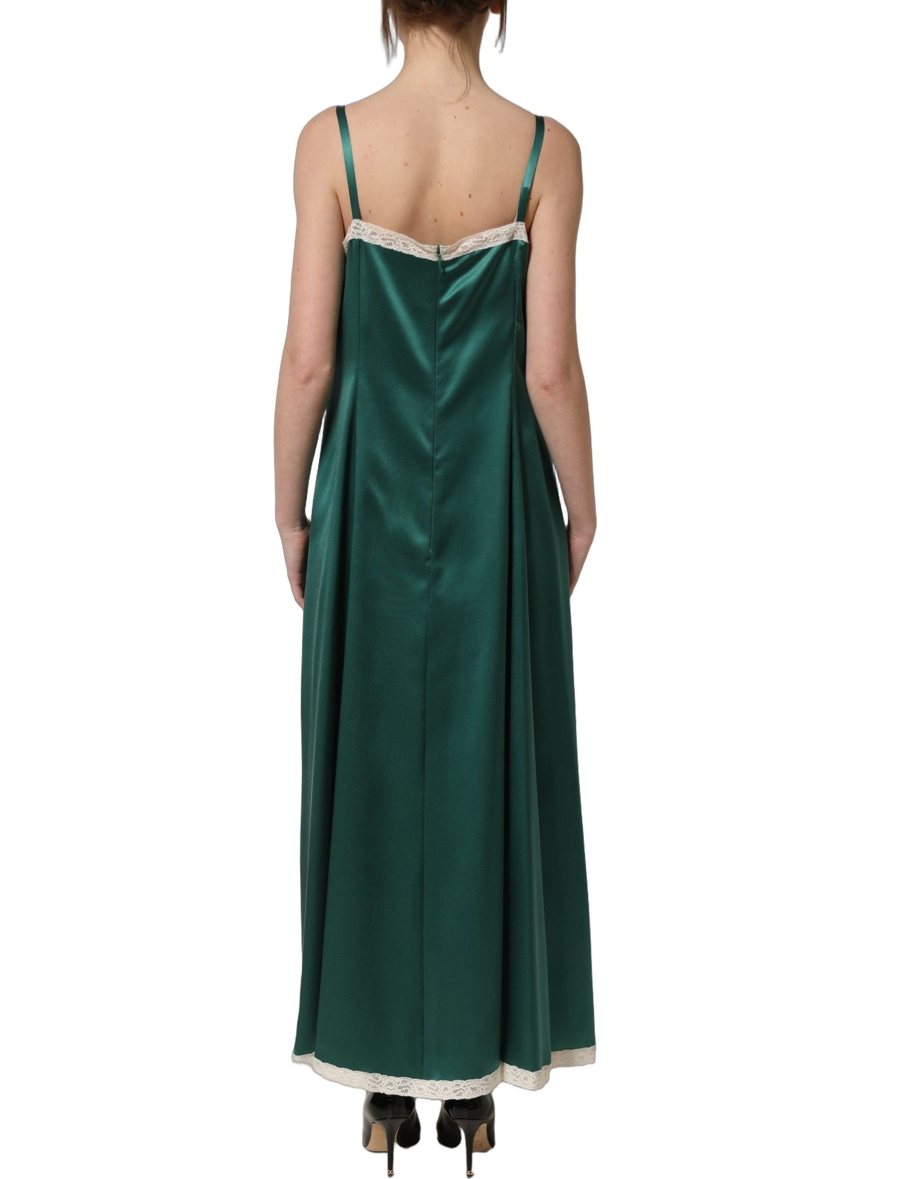 Dolce & Gabbana Green Satin Lace Trim Sleeveless Maxi Dress | Regal Royce