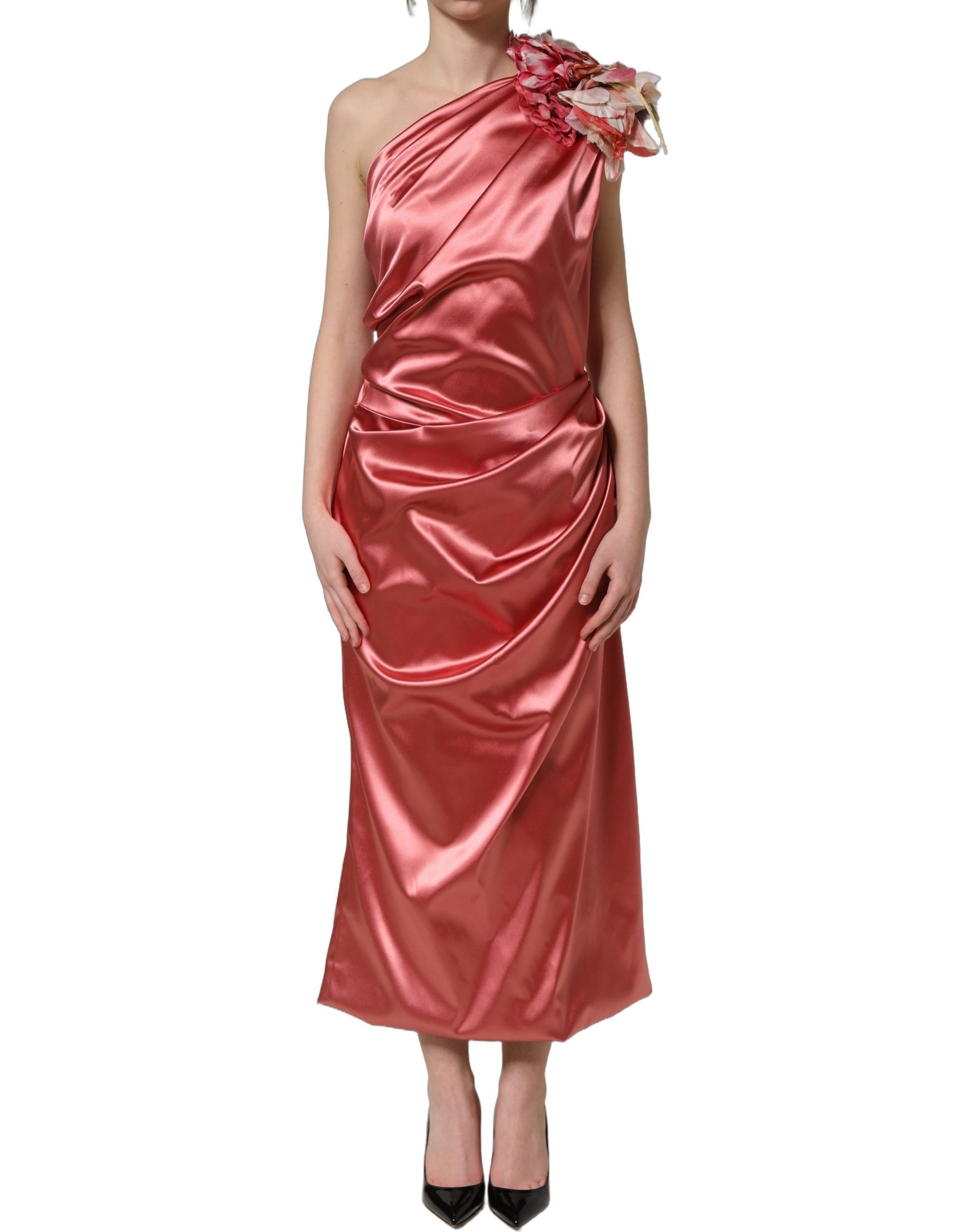 Dolce & Gabbana Pink Draped Midi Flower Appliques Dress | Regal Royce
