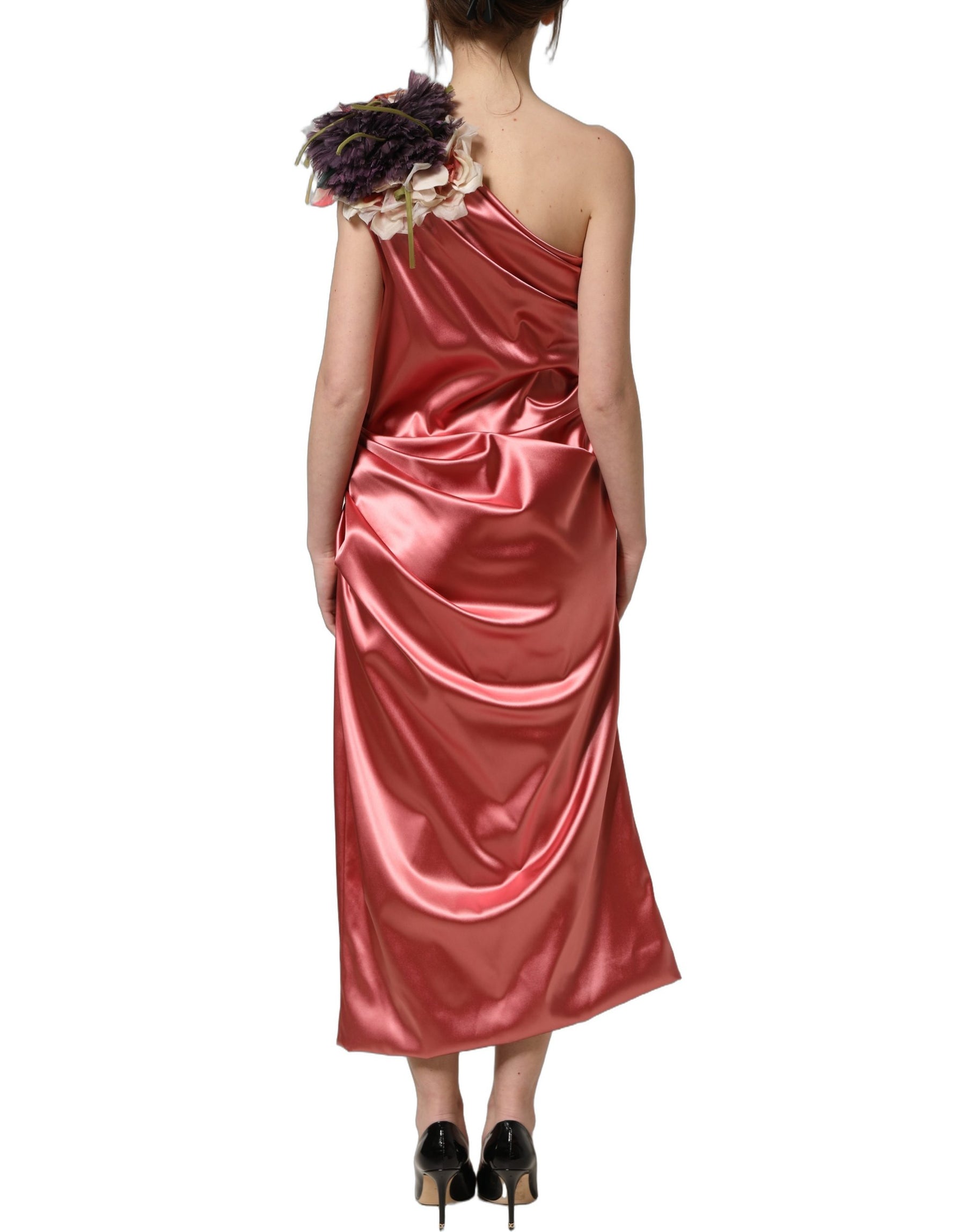 Dolce & Gabbana Pink Draped Midi Flower Appliques Dress | Regal Royce