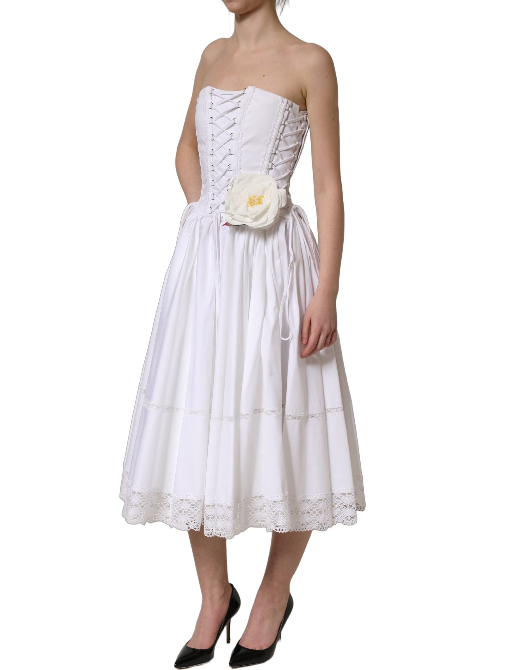 Dolce & Gabbana White Cotton Gabardine Bustier Midi Dress | Regal Royce