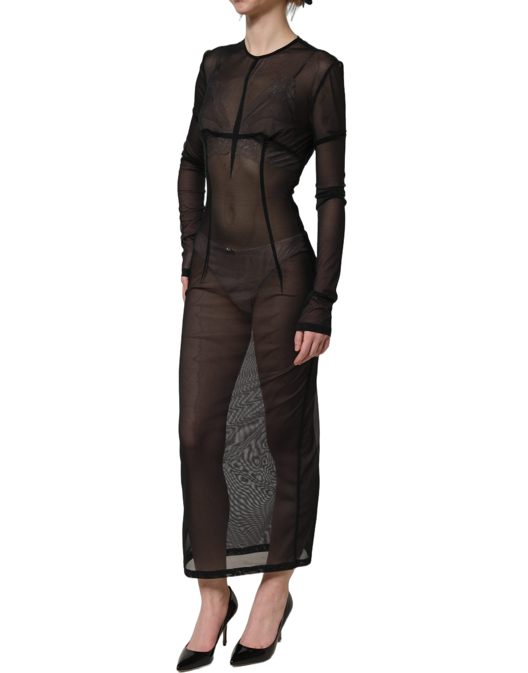 Dolce & Gabbana Black Long Sleeve Sheer Fitted Maxi Dress | Regal Royce