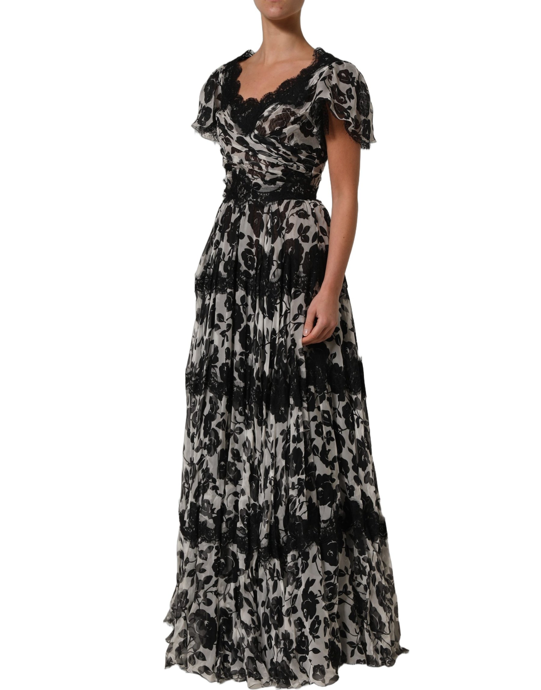 Dolce & Gabbana Black Silk Floral Lace Ricamo Ball Maxi Dress | Regal Royce