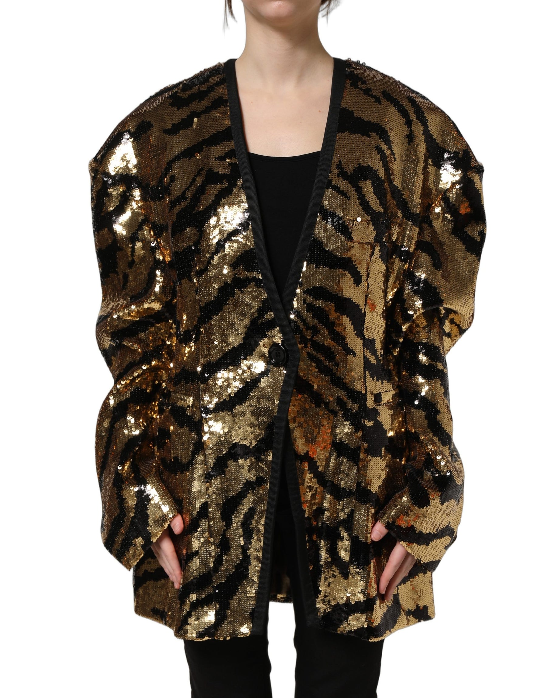 Dolce & Gabbana Black Gold Sequin Tiger Stripe Blazer Jacket | Regal Royce