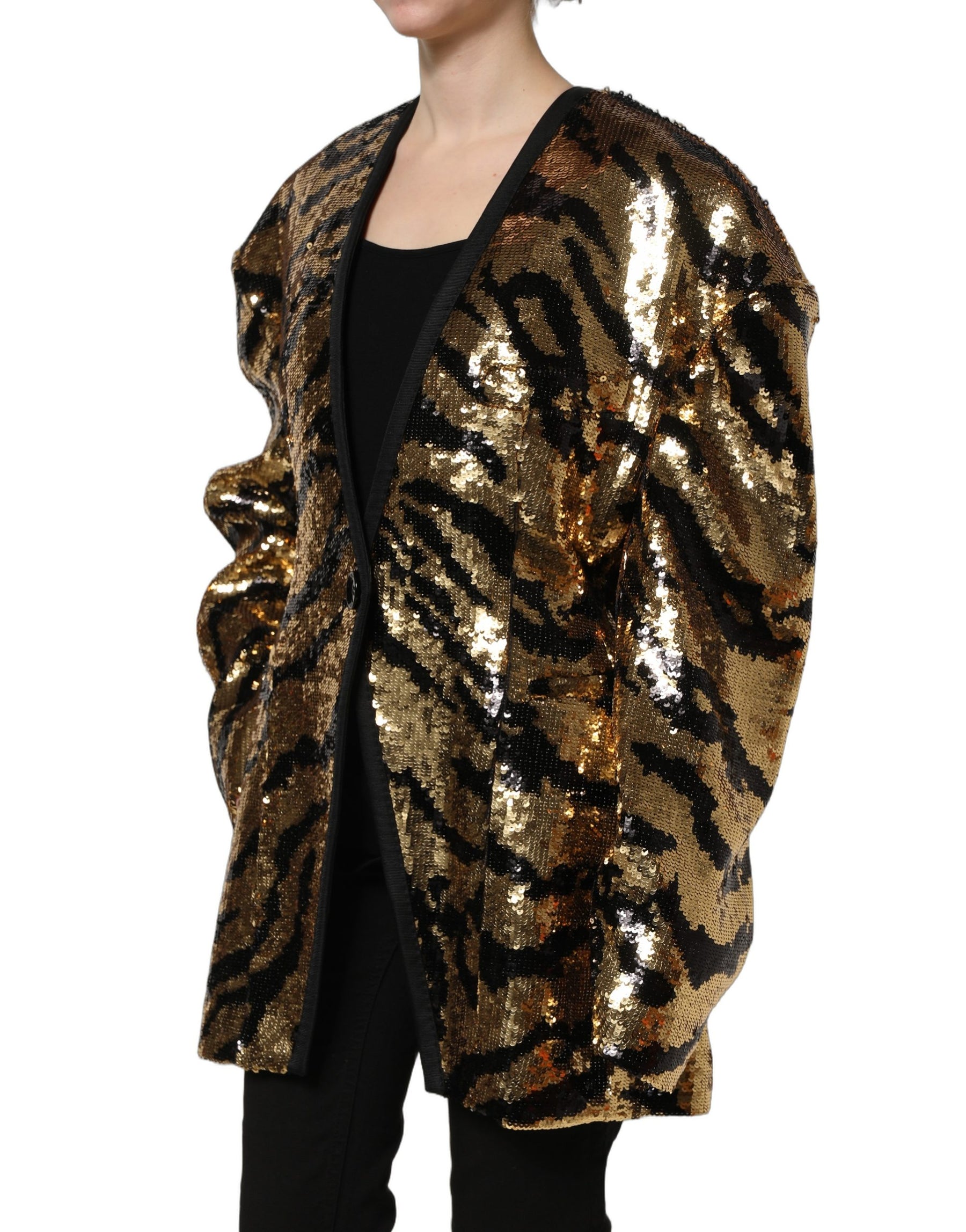 Dolce & Gabbana Black Gold Sequin Tiger Stripe Blazer Jacket | Regal Royce