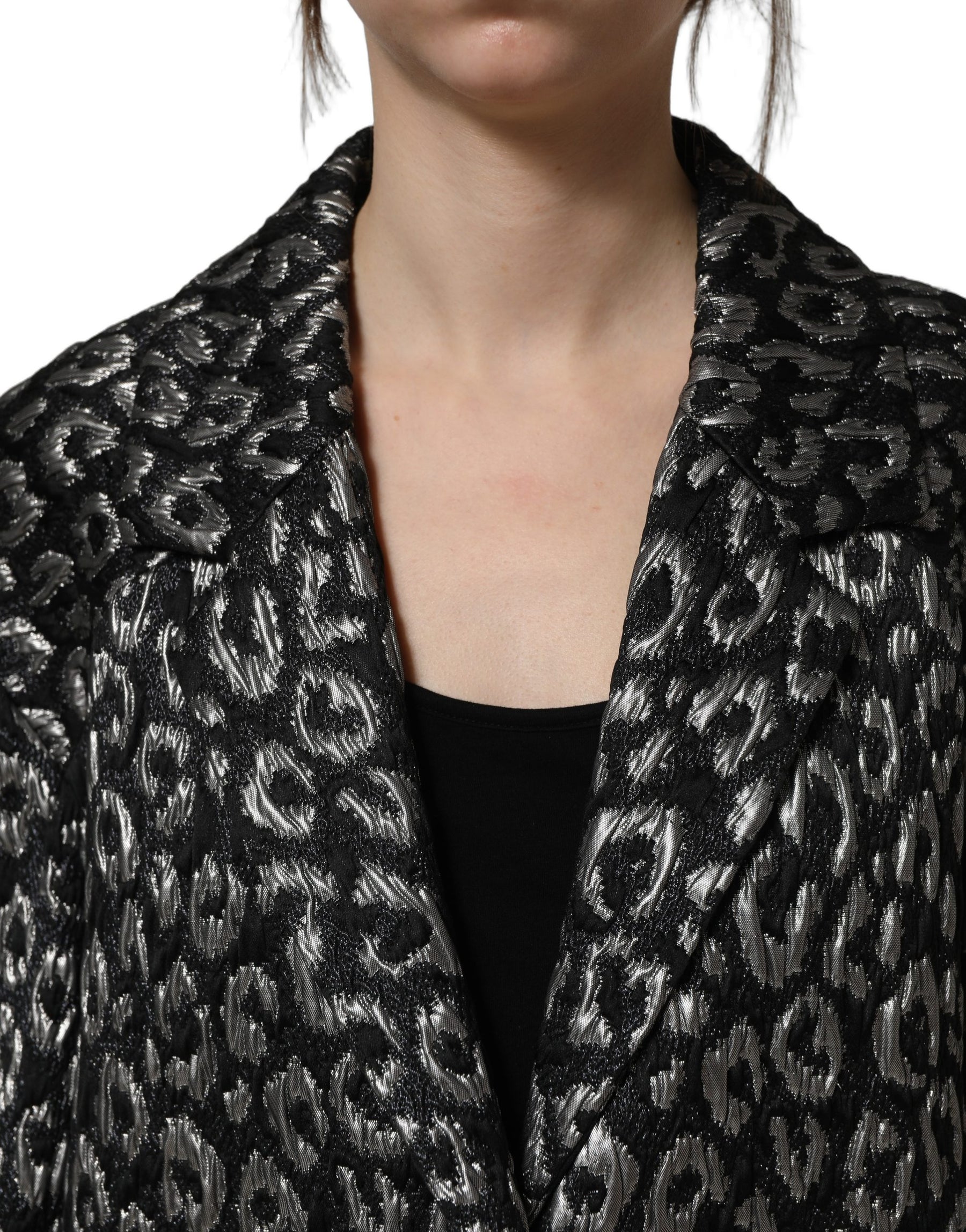 Dolce & Gabbana Black Silver Jacquard Leopard Coat Jacket | Regal Royce