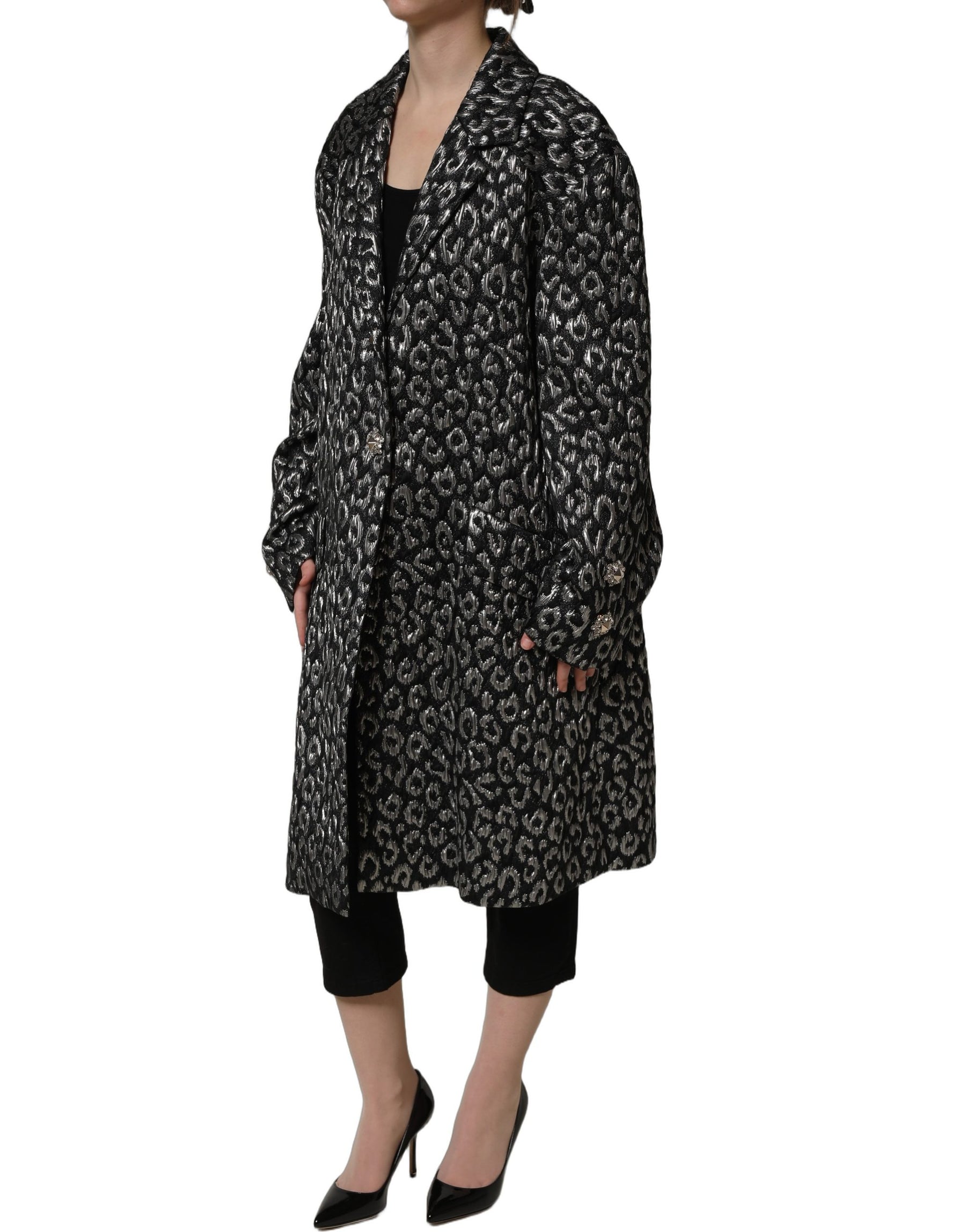 Dolce & Gabbana Black Silver Jacquard Leopard Coat Jacket | Regal Royce