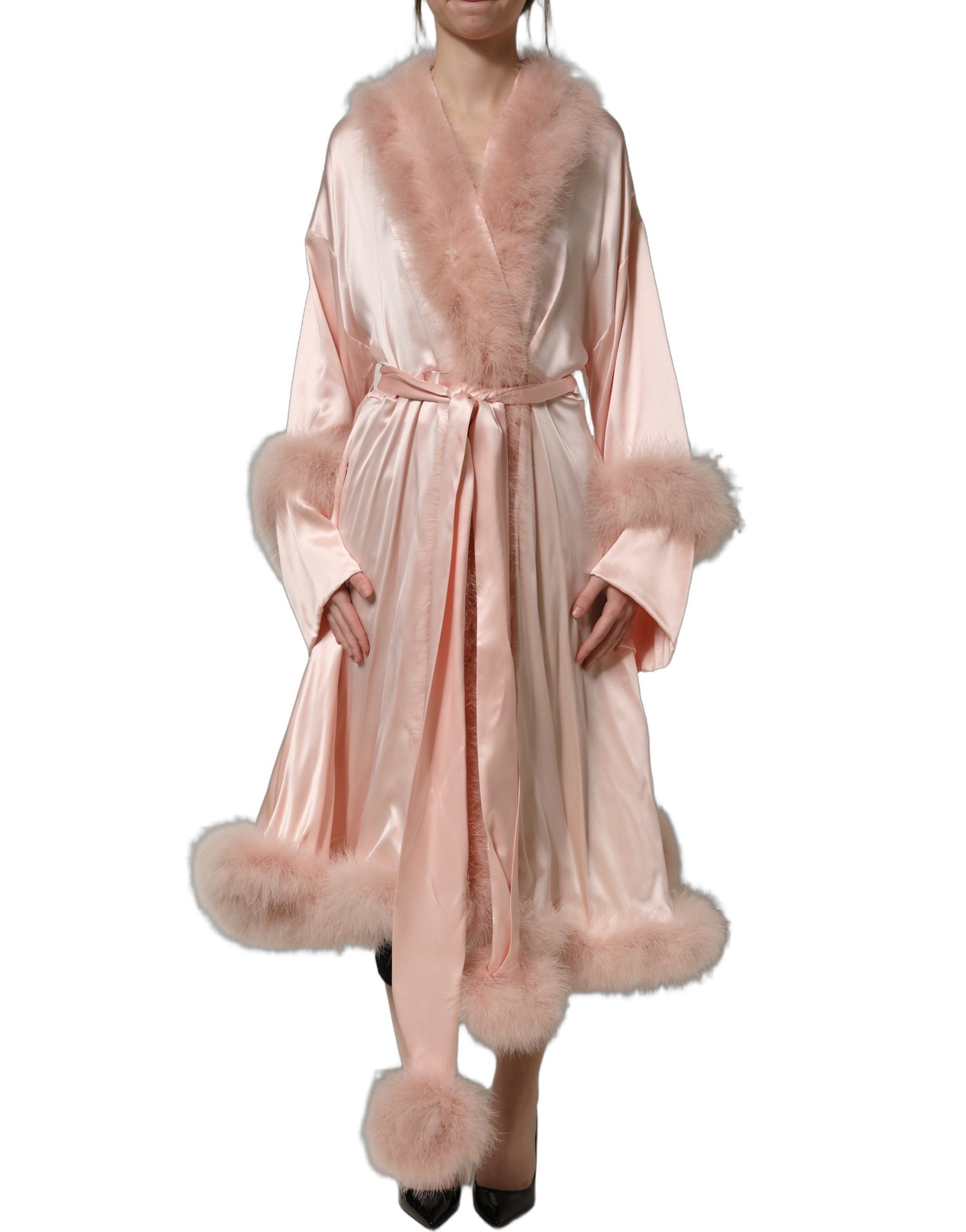 Dolce & Gabbana Light Pink Silk Turkey Feather Robe Jacket | Regal Royce