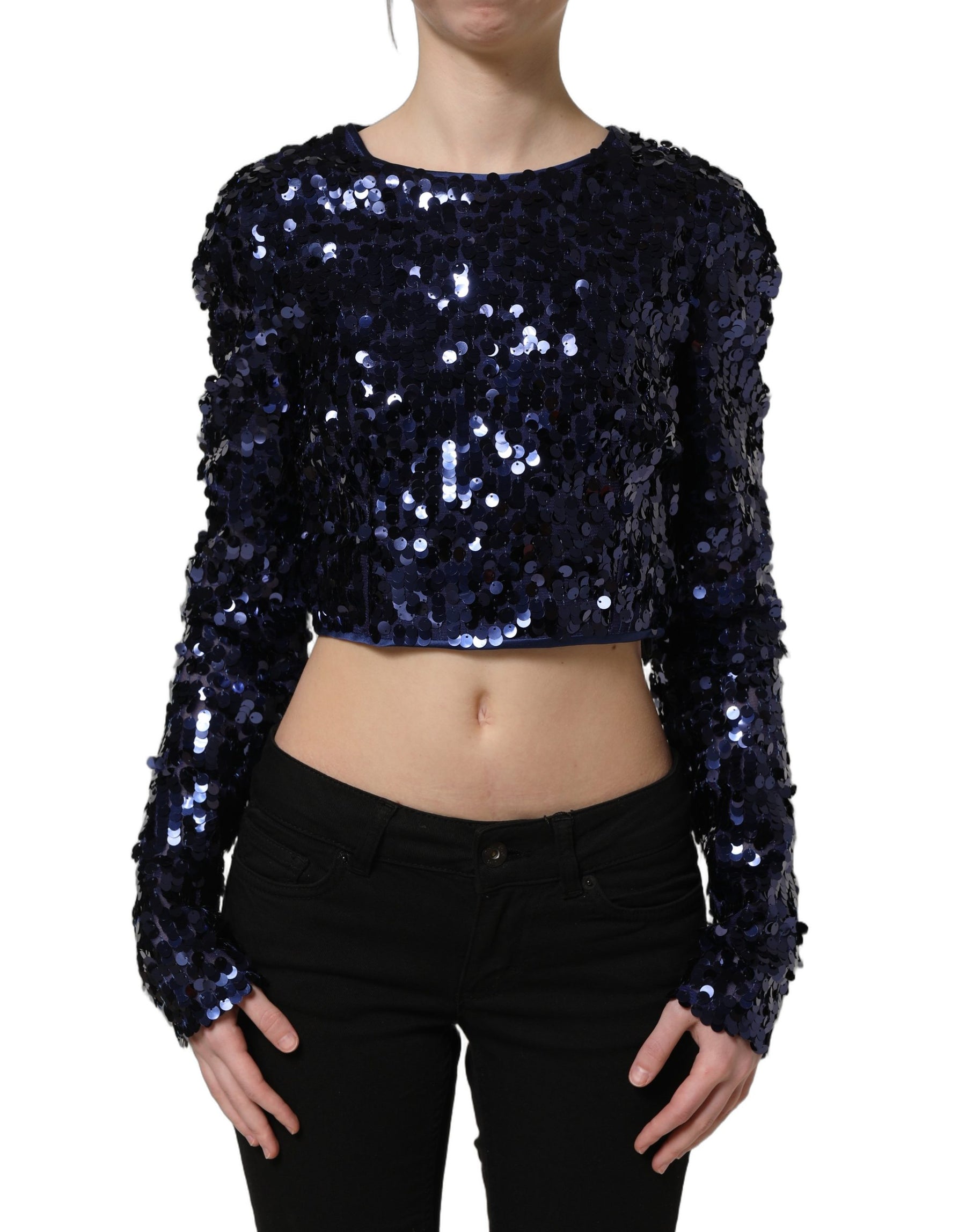 Dolce & Gabbana Blue Sequined Long Sleeves Crop Blouse Top | Regal Royce