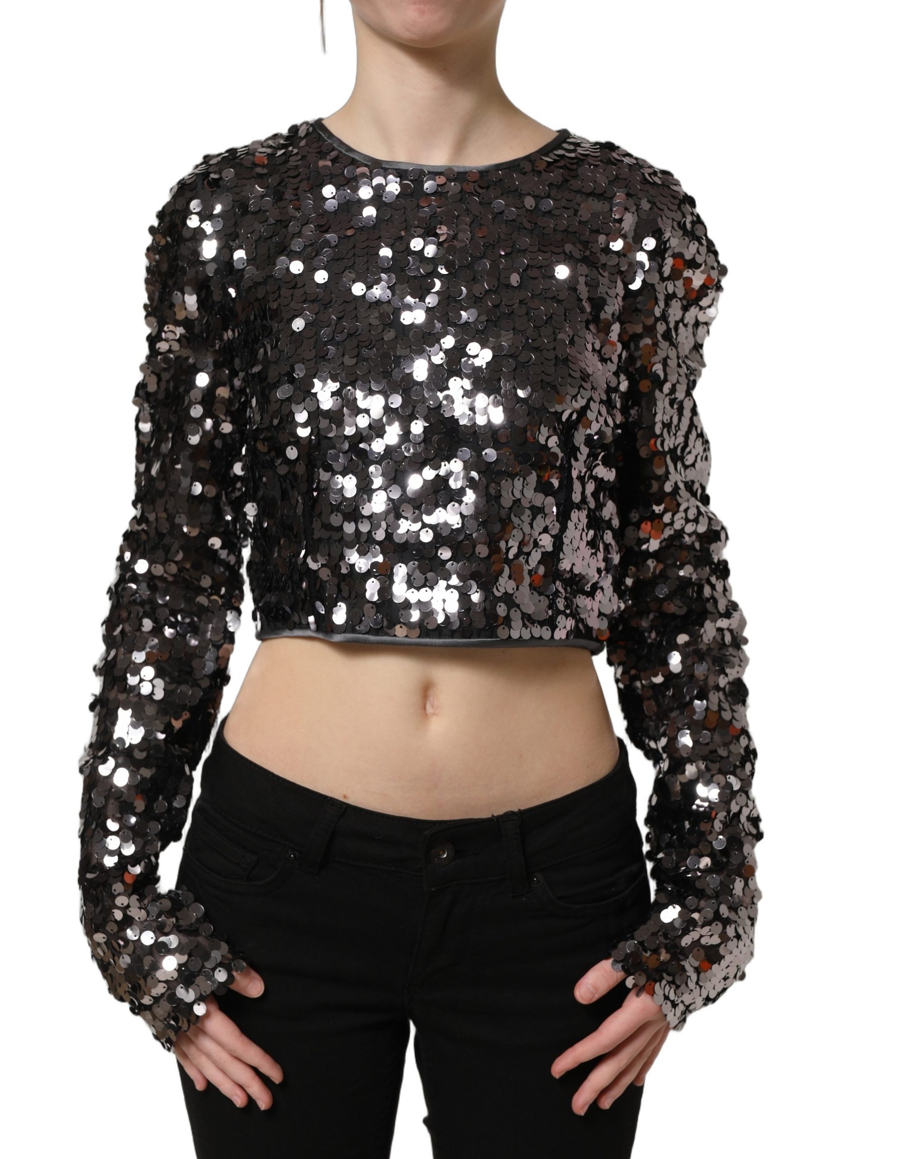 Dolce & Gabbana Black Sequined Long Sleeves Crop Blouse Top | Regal Royce
