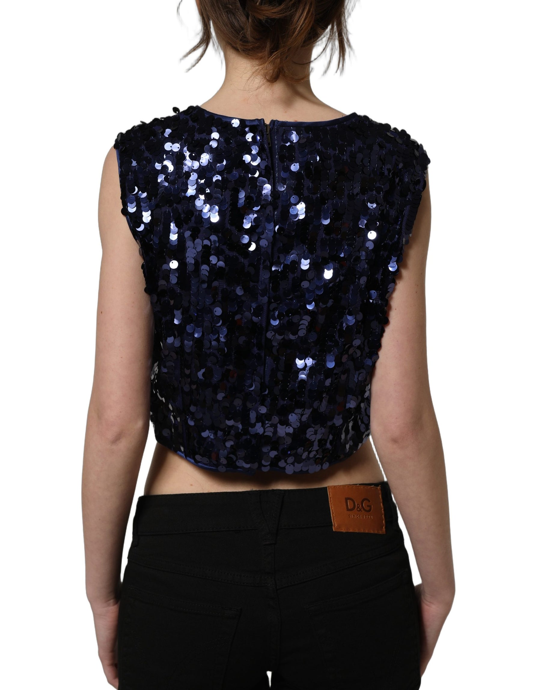 Dolce & Gabbana Blue Sequined Sleeveless Cropped Tank Top | Regal Royce