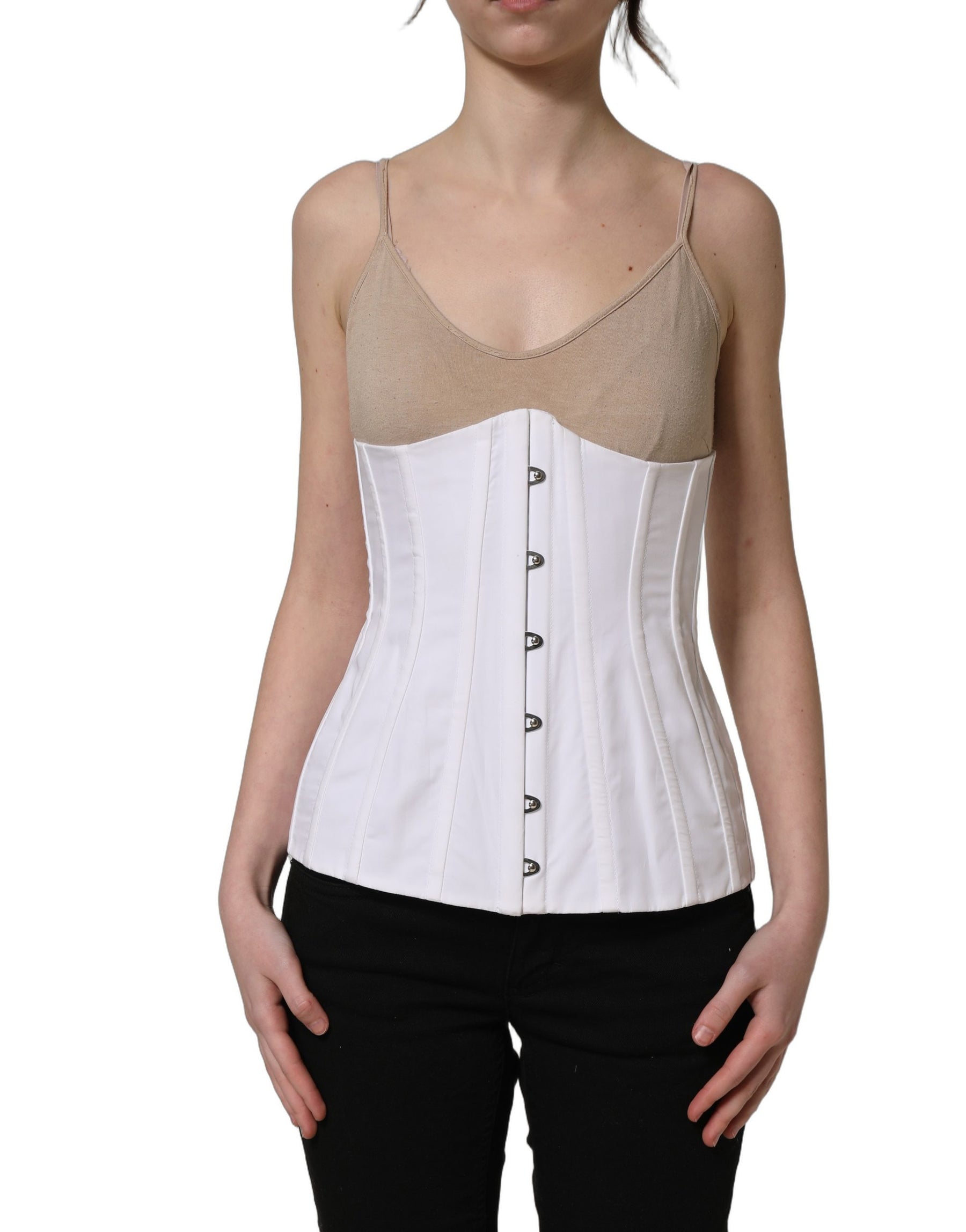 Dolce & Gabbana White Brown Cotton Sleeveless Corset Top | Regal Royce