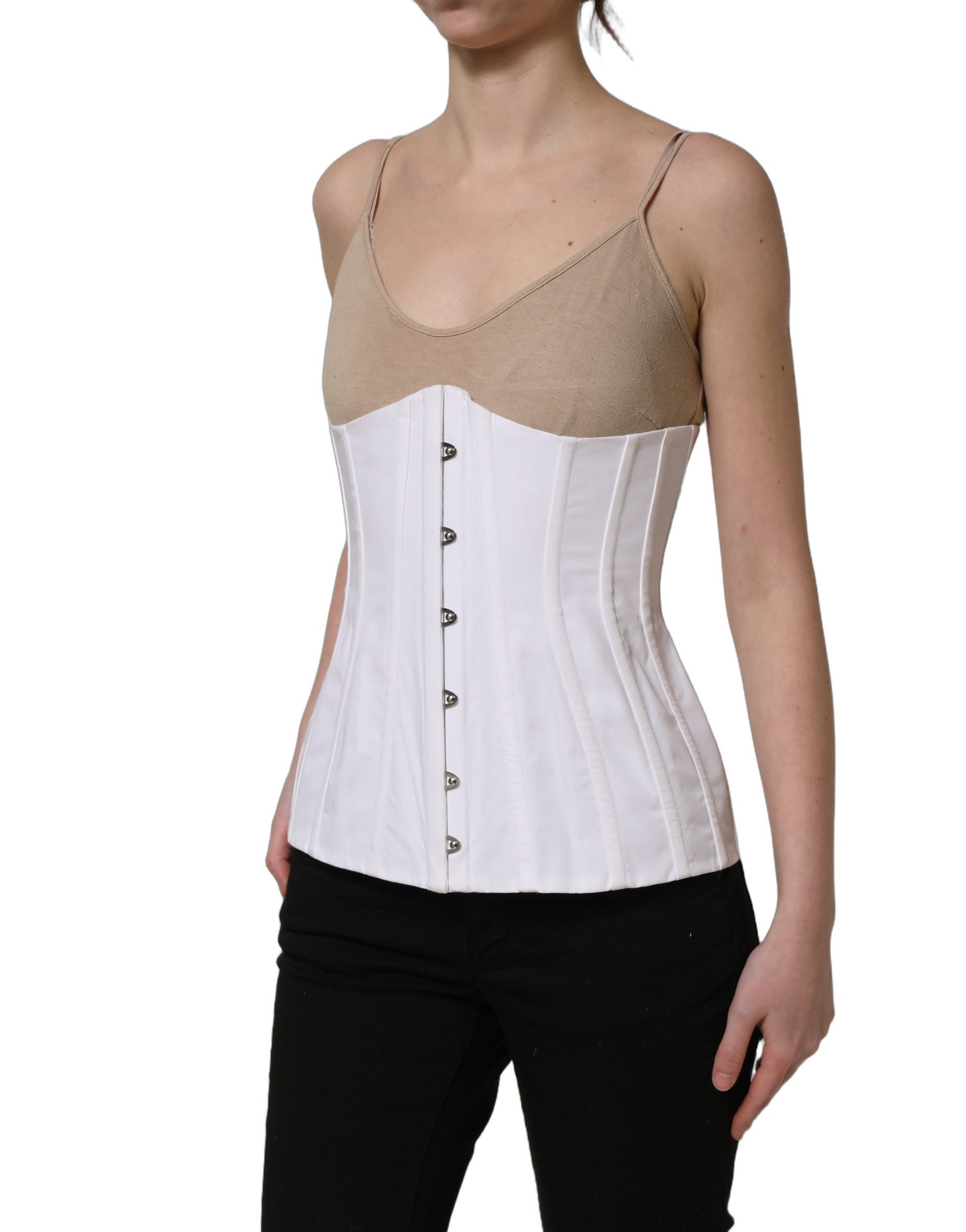 Dolce & Gabbana White Brown Cotton Sleeveless Corset Top | Regal Royce
