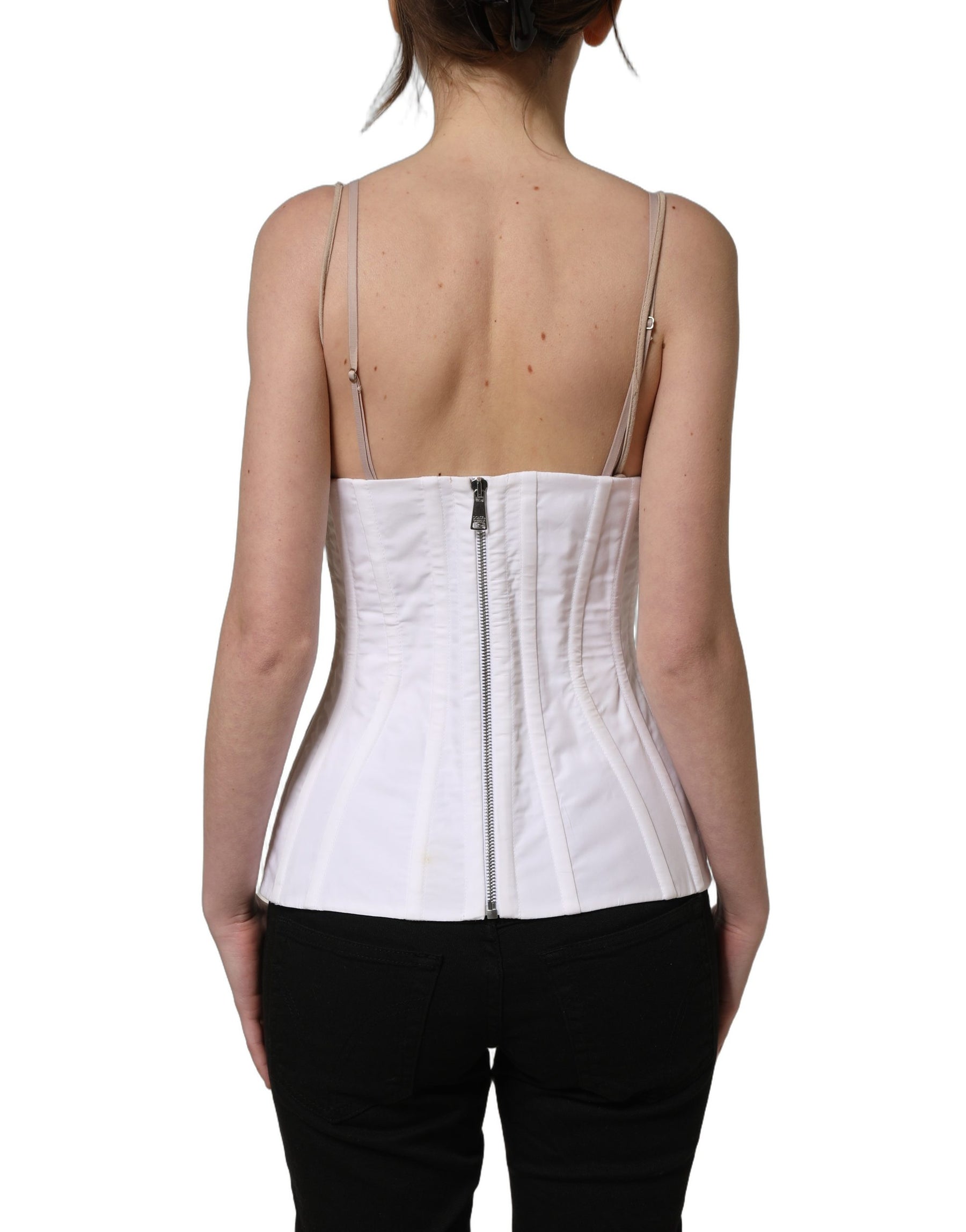 Dolce & Gabbana White Brown Cotton Sleeveless Corset Top | Regal Royce