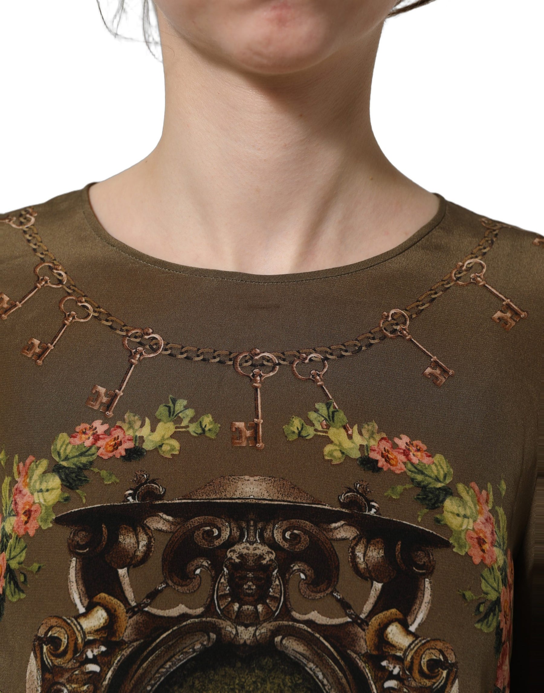 Dolce & Gabbana Brown Keys Roses Printed Silk Blouse Top | Regal Royce