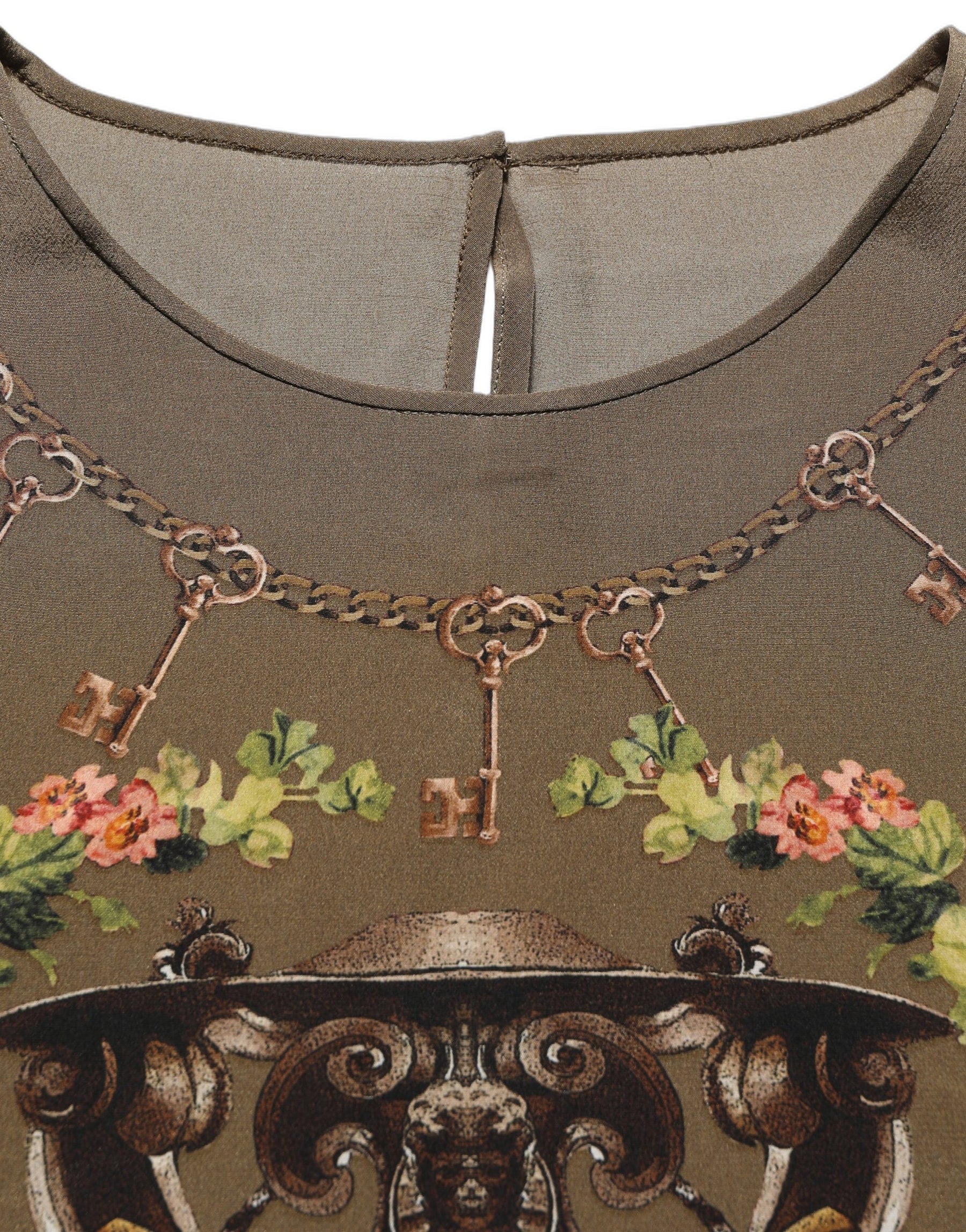 Dolce & Gabbana Brown Keys Roses Printed Silk Blouse Top | Regal Royce