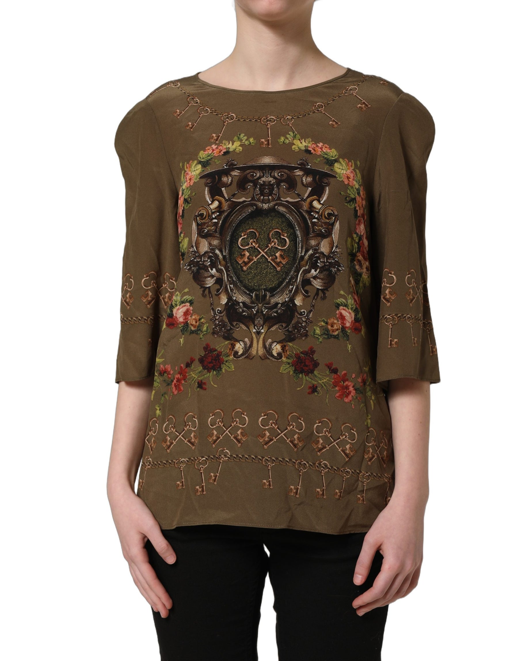 Dolce & Gabbana Brown Keys Roses Printed Silk Blouse Top | Regal Royce