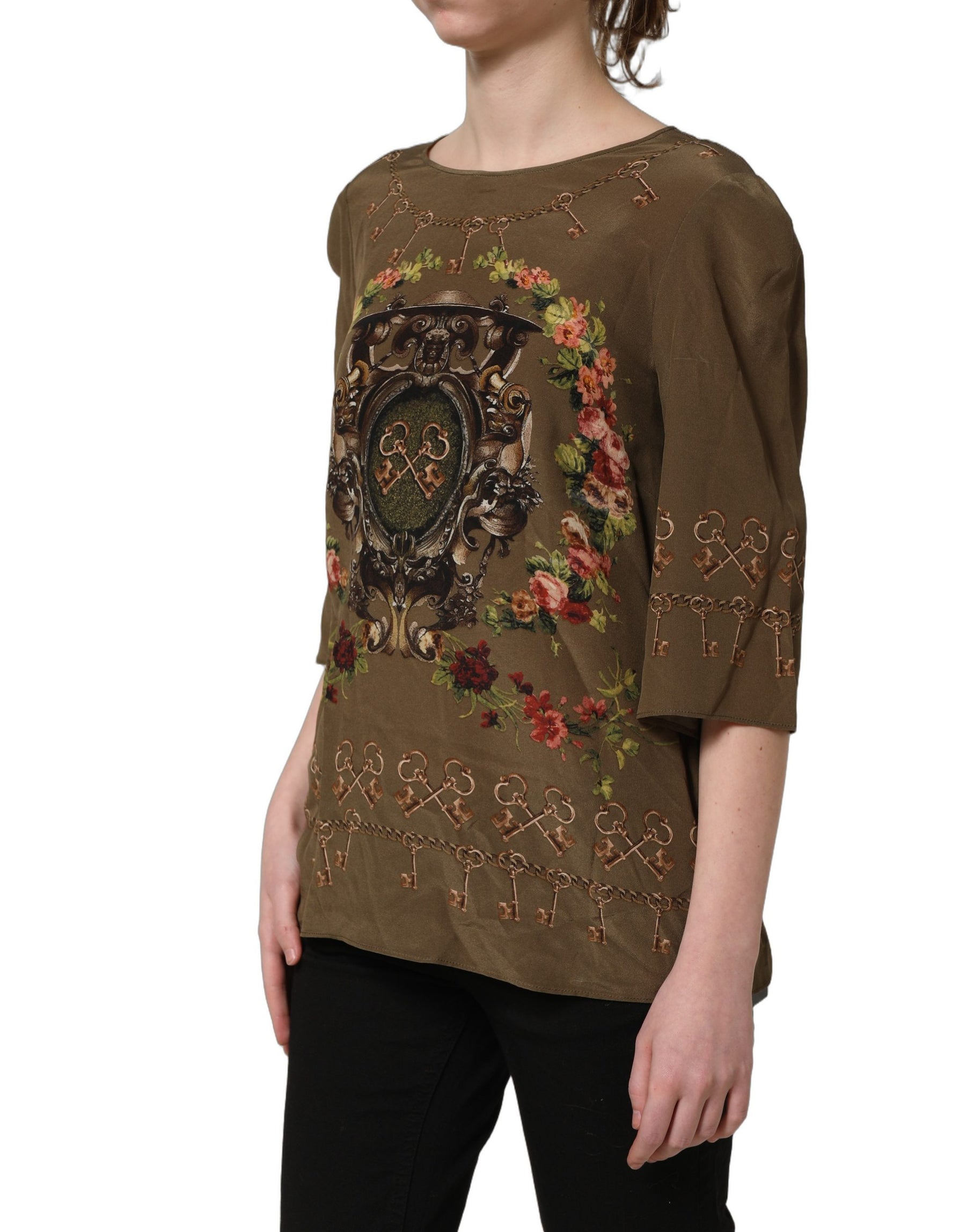 Dolce & Gabbana Brown Keys Roses Printed Silk Blouse Top | Regal Royce