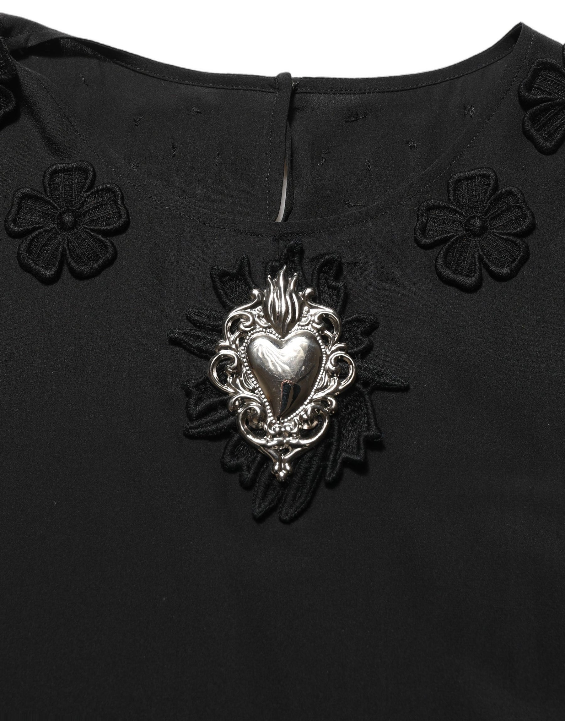 Dolce & Gabbana Black Floral Silk Heart Appliqué Blouse Top | Regal Royce