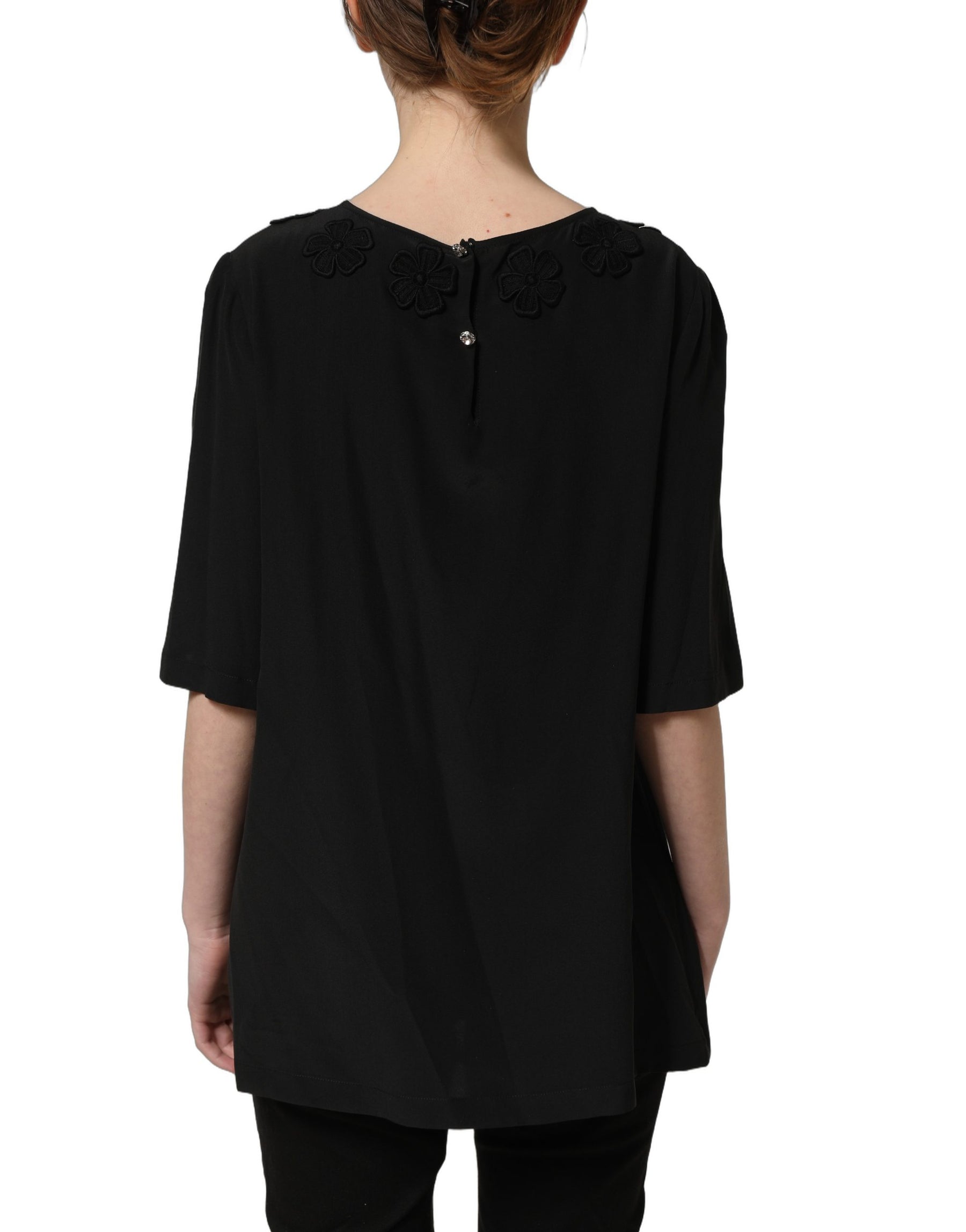 Dolce & Gabbana Black Floral Silk Heart Appliqué Blouse Top | Regal Royce
