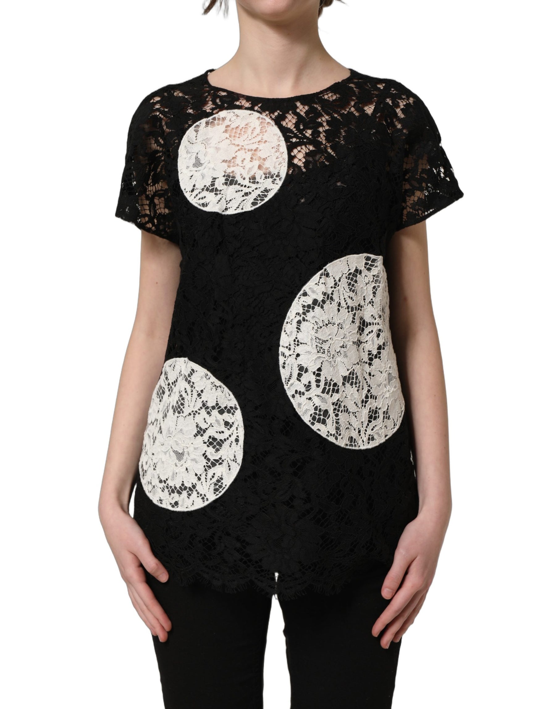 Dolce & Gabbana Black White Floral Lace Short Sleeve Blouse Top | Regal Royce