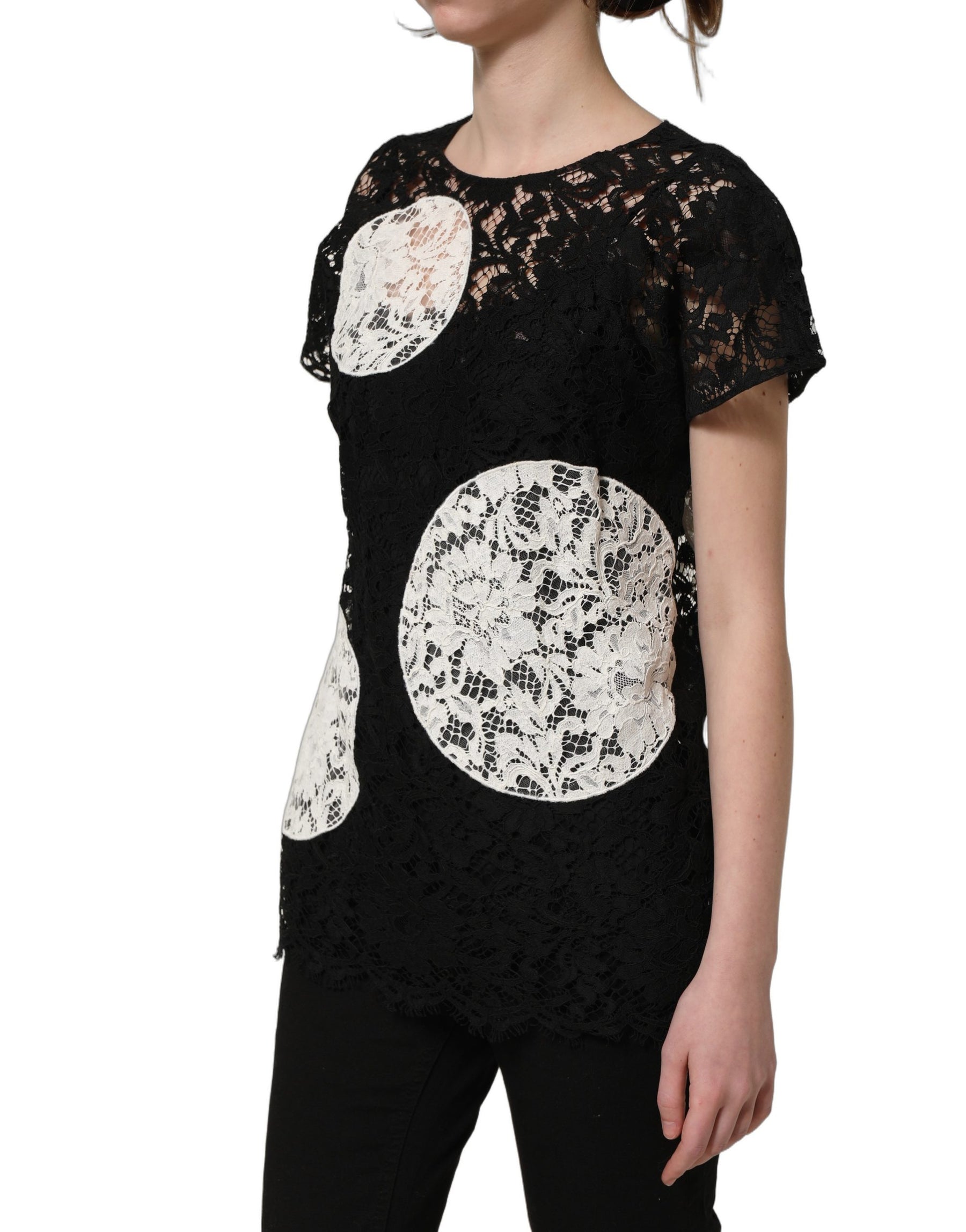 Dolce & Gabbana Black White Floral Lace Short Sleeve Blouse Top | Regal Royce