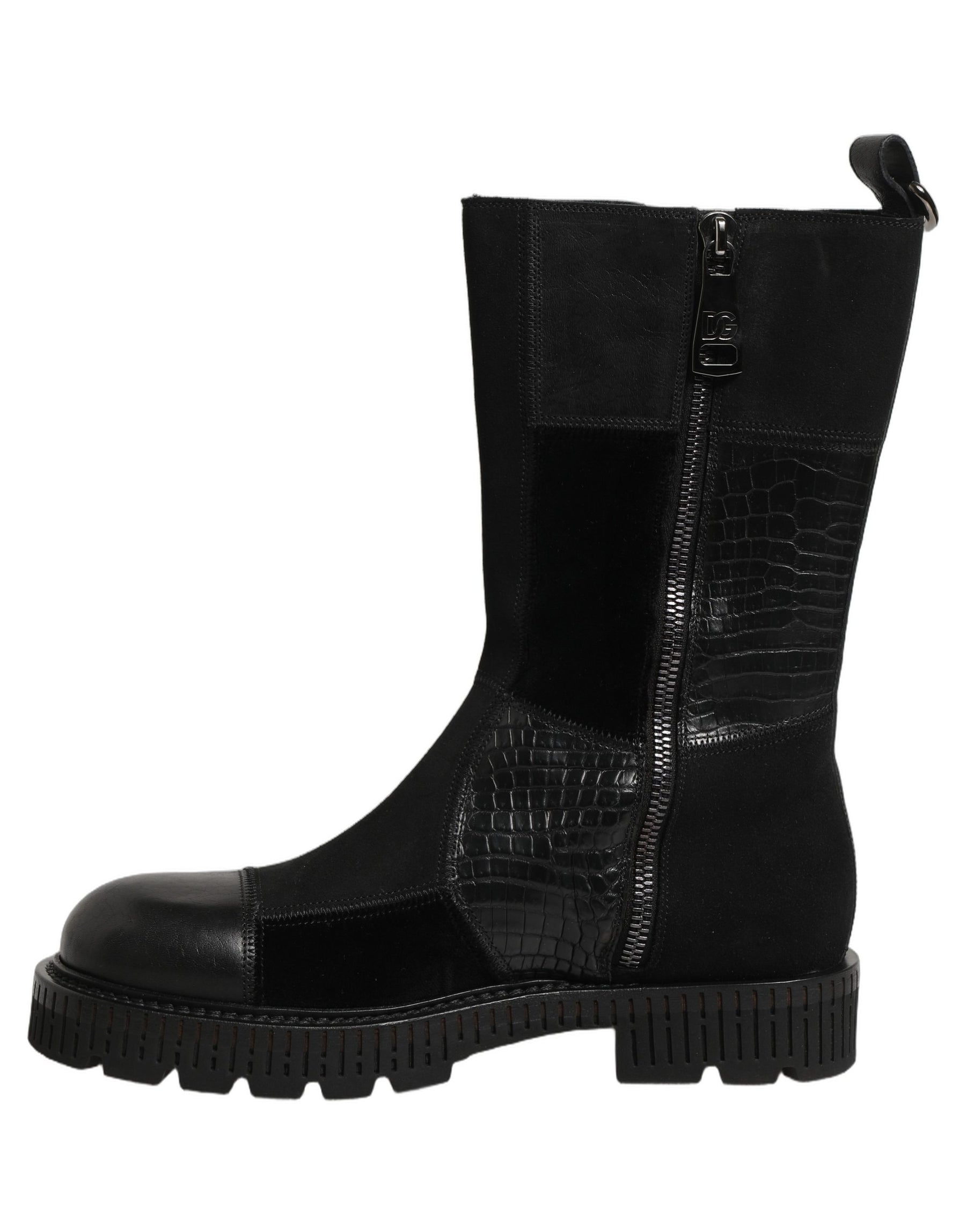 Dolce & Gabbana Black Patchwork Leather Mid Calf Boots Shoes | Regal Royce