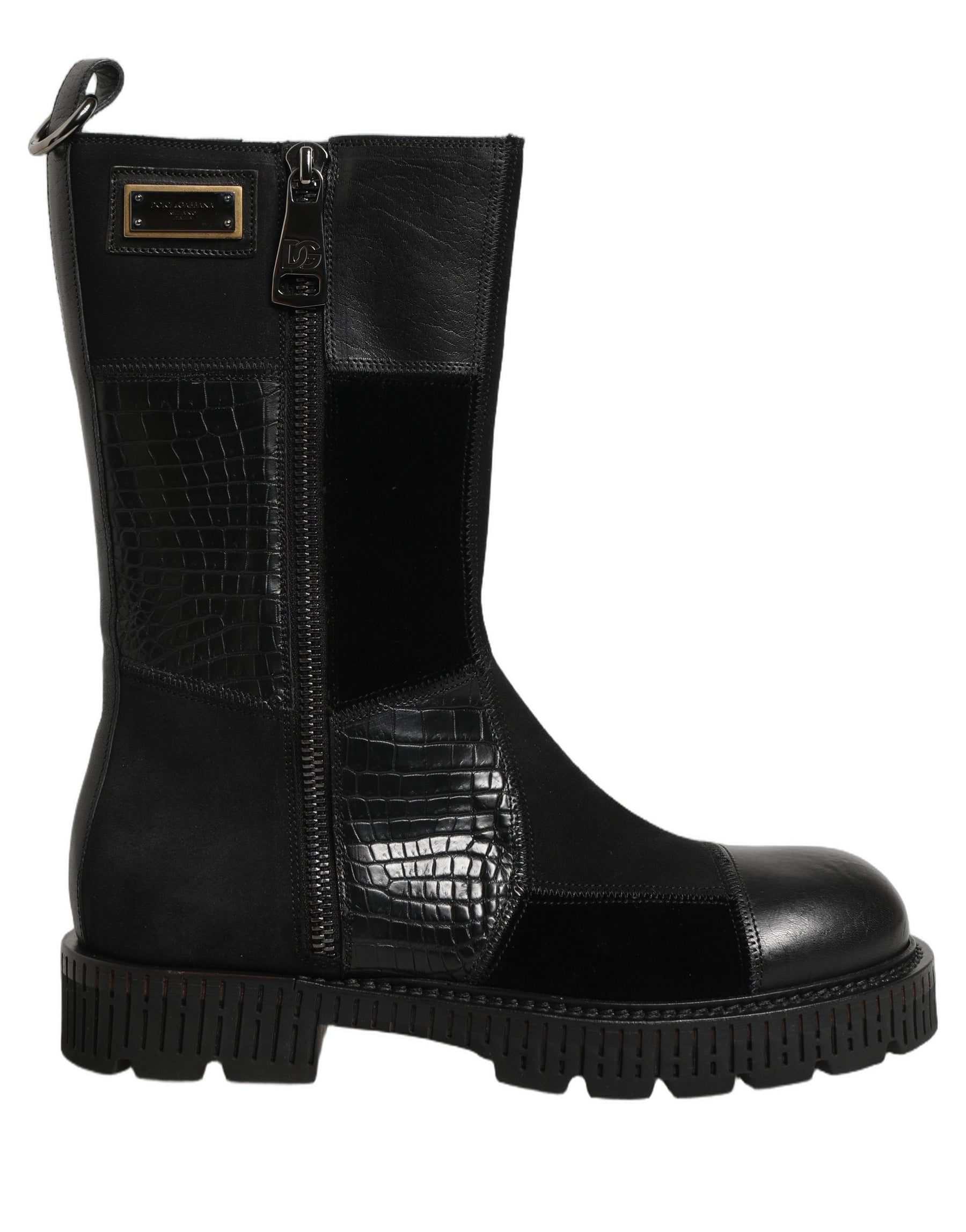 Dolce & Gabbana Black Patchwork Leather Mid Calf Boots Shoes | Regal Royce