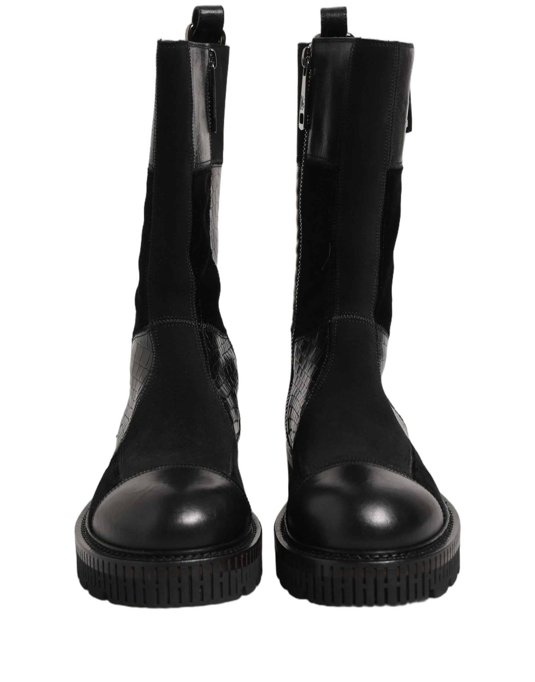 Dolce & Gabbana Black Patchwork Leather Mid Calf Boots Shoes | Regal Royce