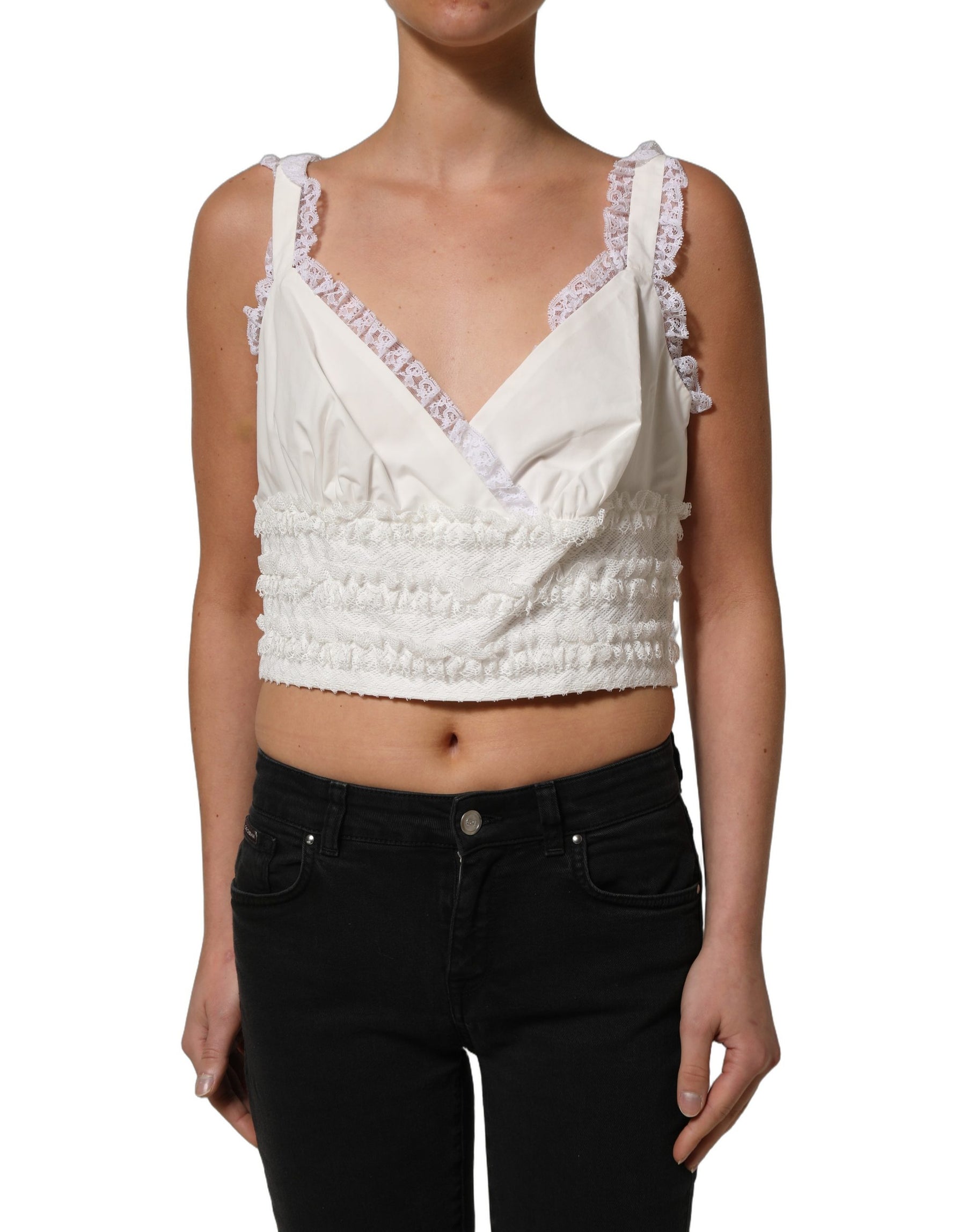 Dolce & Gabbana White Lace Trimmed Cotton Cropped Tank Top | Regal Royce