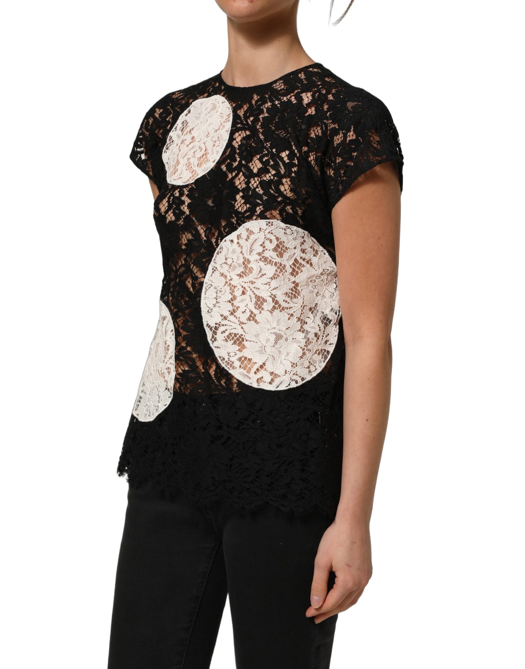 Dolce & Gabbana Black White Floral Lace Short Sleeve Blouse Top | Regal Royce