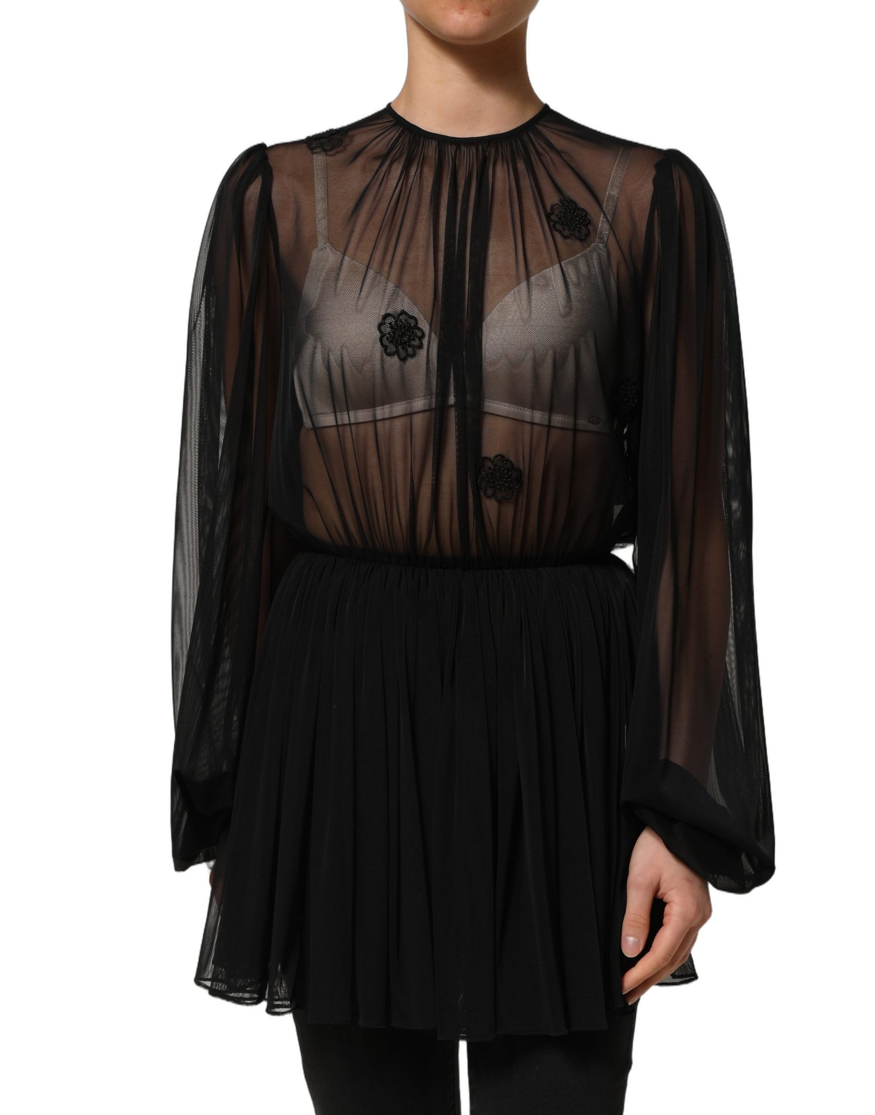 Dolce & Gabbana Black Polyester Mesh Sheer Crewneck Blouse Top | Regal Royce