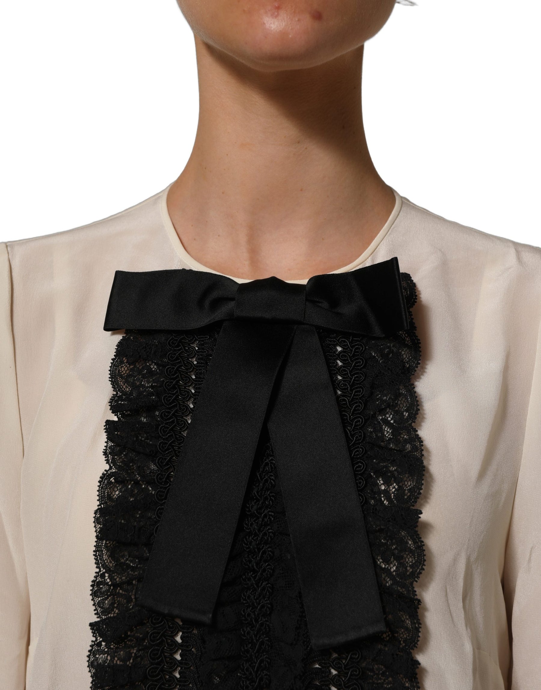 Dolce & Gabbana Beige Lace Trim Bow Short Sleeves Blouse Top | Regal Royce