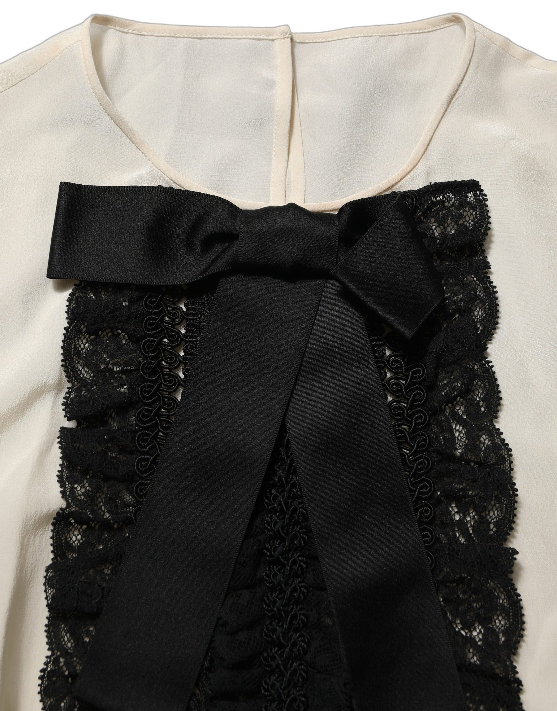 Dolce & Gabbana Beige Lace Trim Bow Short Sleeves Blouse Top | Regal Royce