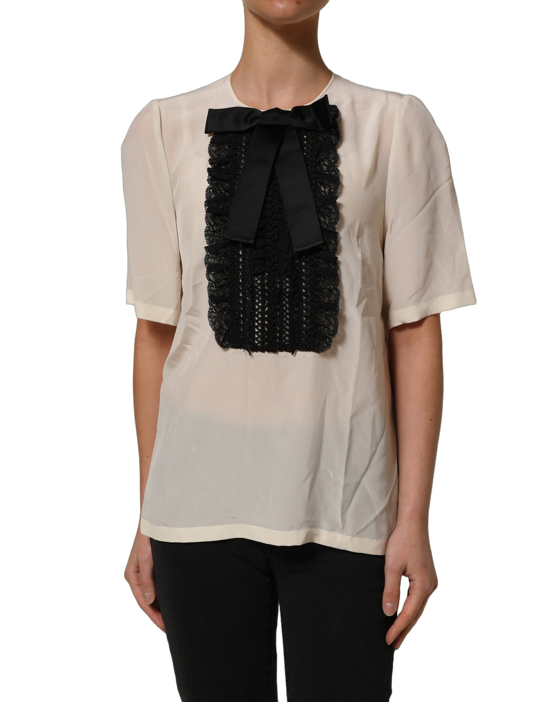 Dolce & Gabbana Beige Lace Trim Bow Short Sleeves Blouse Top | Regal Royce