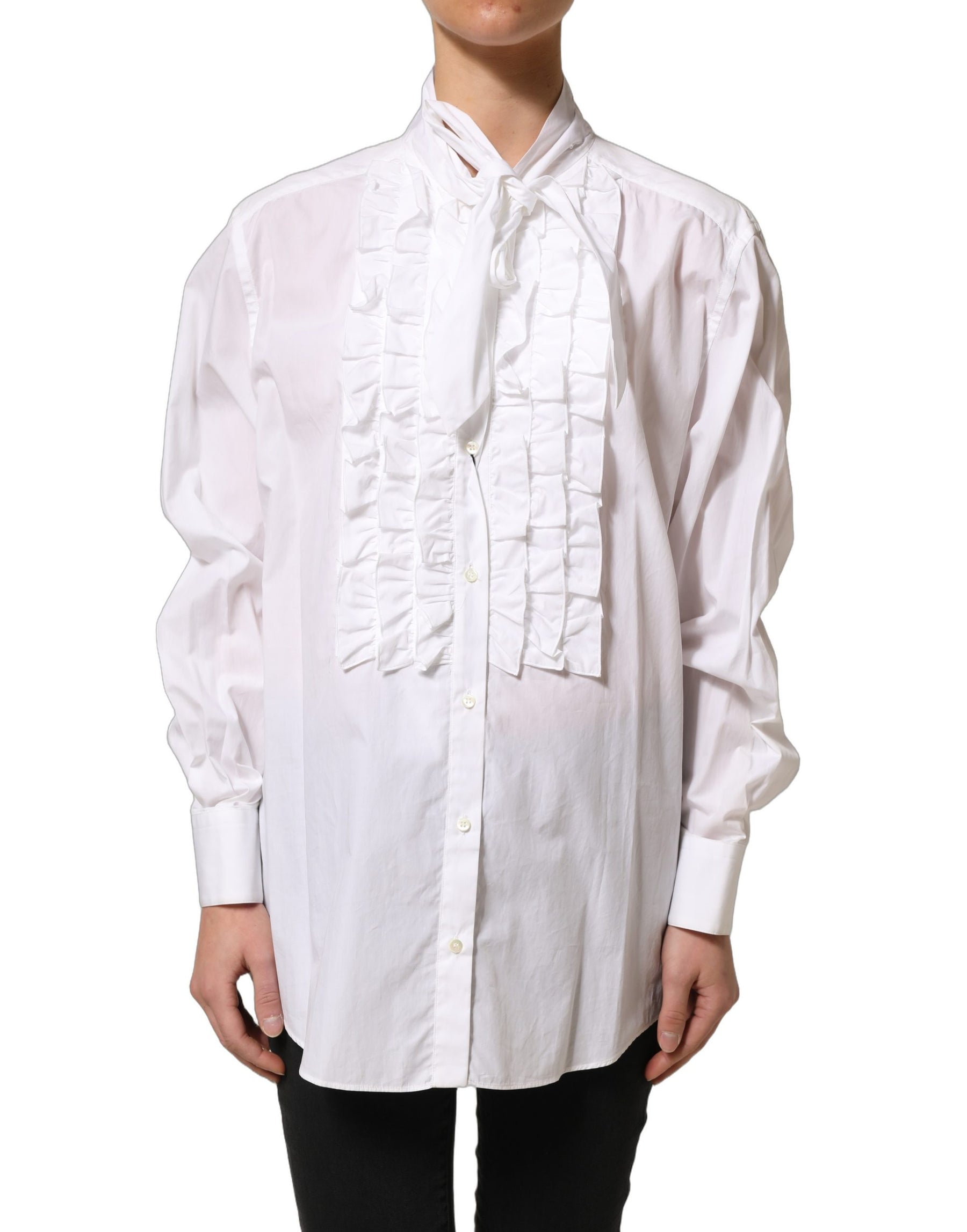 Dolce & Gabbana White Ruffled Bib Long Sleeves Blouse Top | Regal Royce