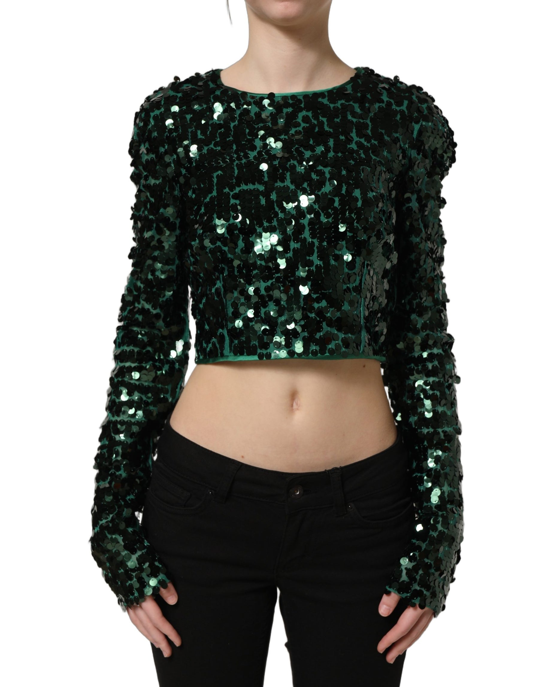 Dolce & Gabbana Green Sequined Long Sleeves Crop Blouse Top | Regal Royce