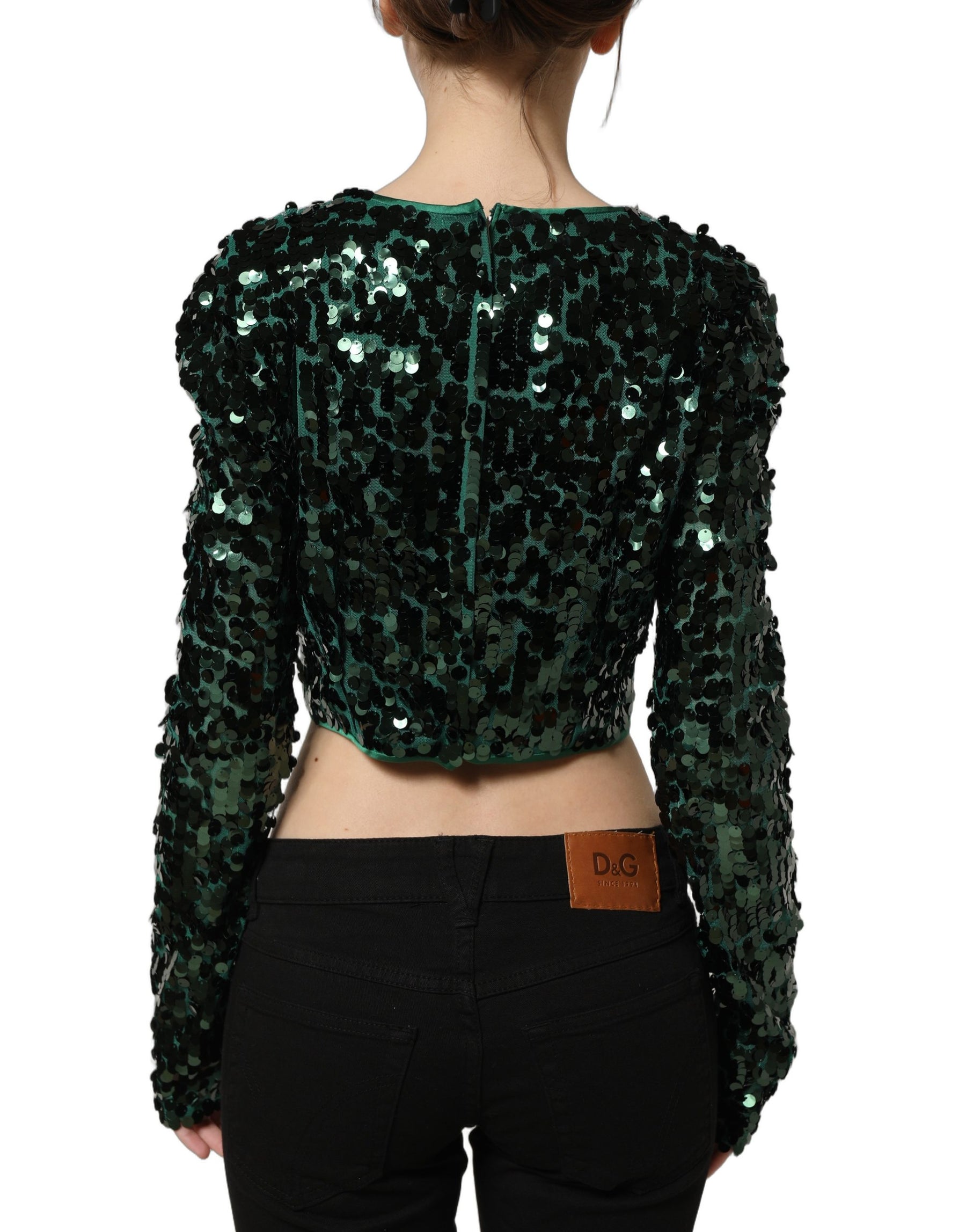 Dolce & Gabbana Green Sequined Long Sleeves Crop Blouse Top | Regal Royce