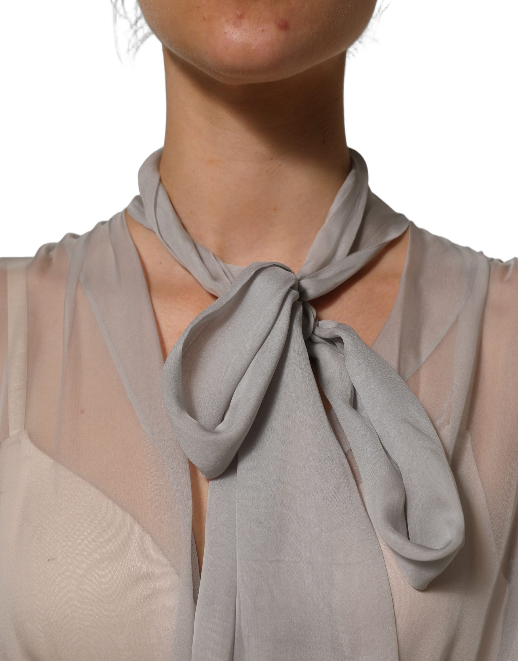 Dolce & Gabbana Gray Sheer Silk Chiffon Shirt Bow Collar Top | Regal Royce