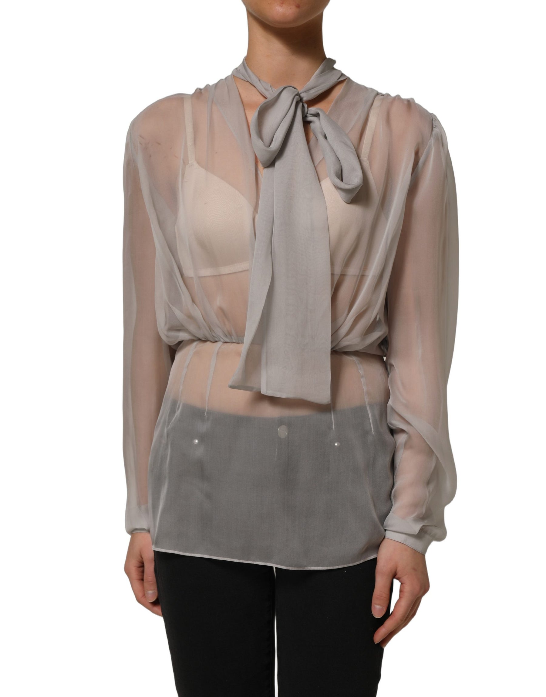 Dolce & Gabbana Gray Sheer Silk Chiffon Shirt Bow Collar Top | Regal Royce
