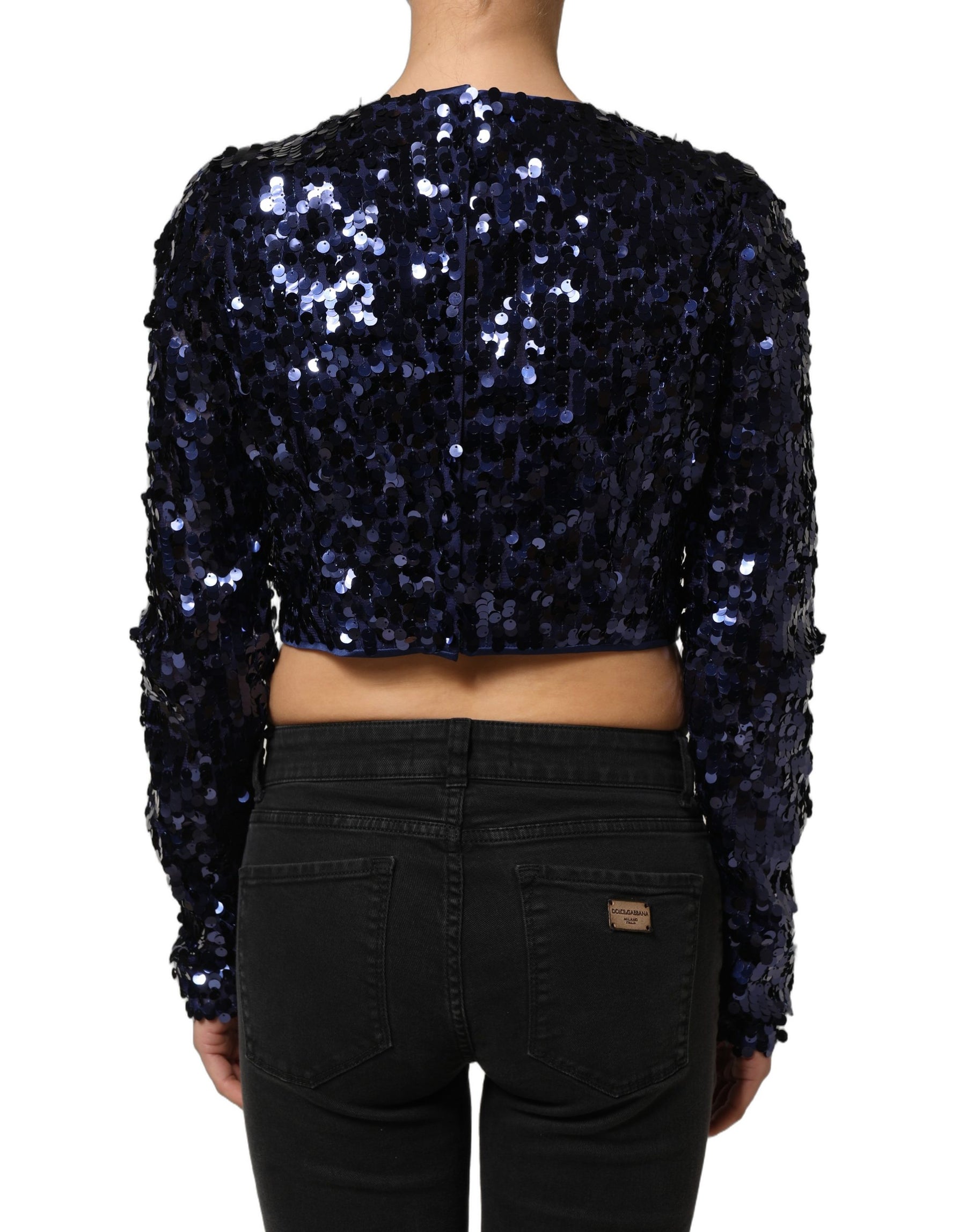 Dolce & Gabbana Blue Sequined Long Sleeves Crop Blouse Top | Regal Royce