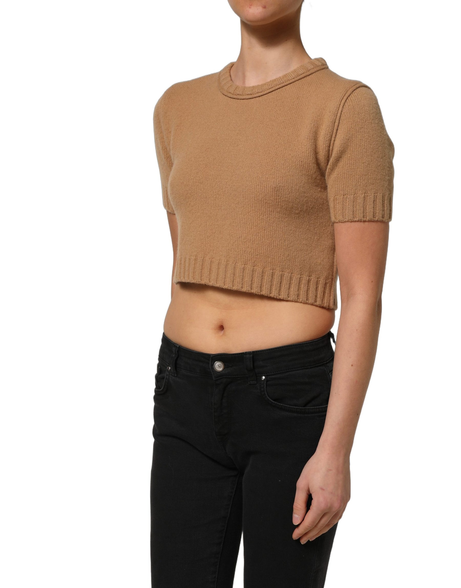 Dolce & Gabbana Brown Wool Short Sleeves Cropped Blouse Top | Regal Royce