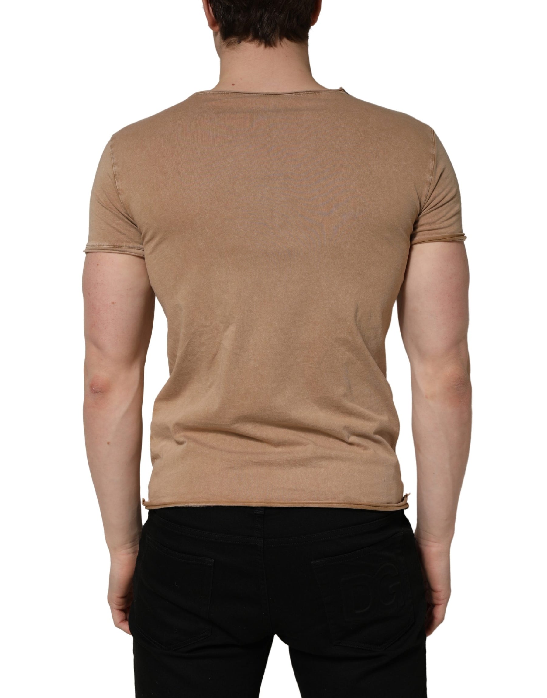 Dolce & Gabbana Brown Cotton Logo Patch Round Neck T-shirt | Regal Royce